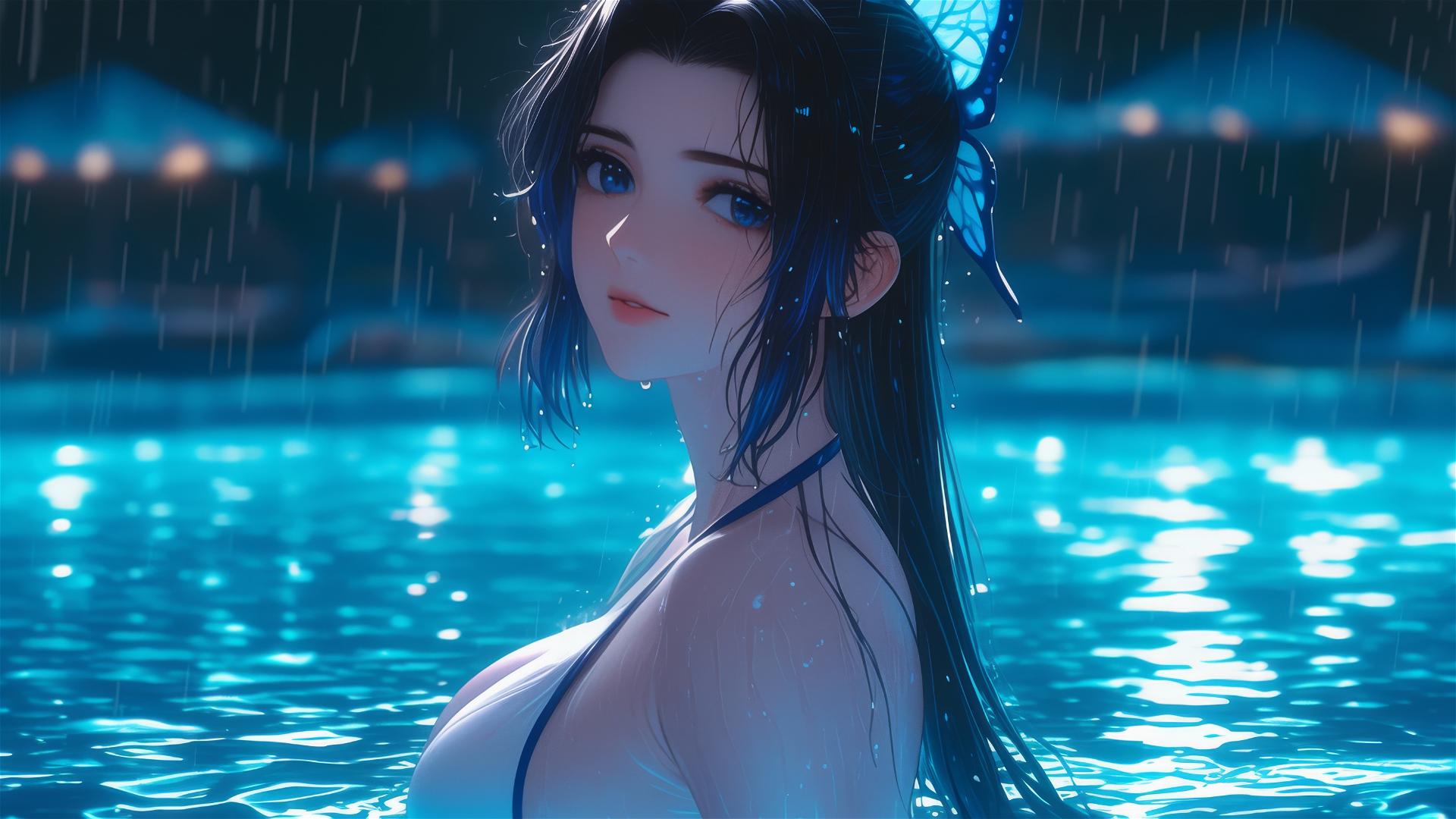 Shinobu Kocho in a rainy pool under moonlight