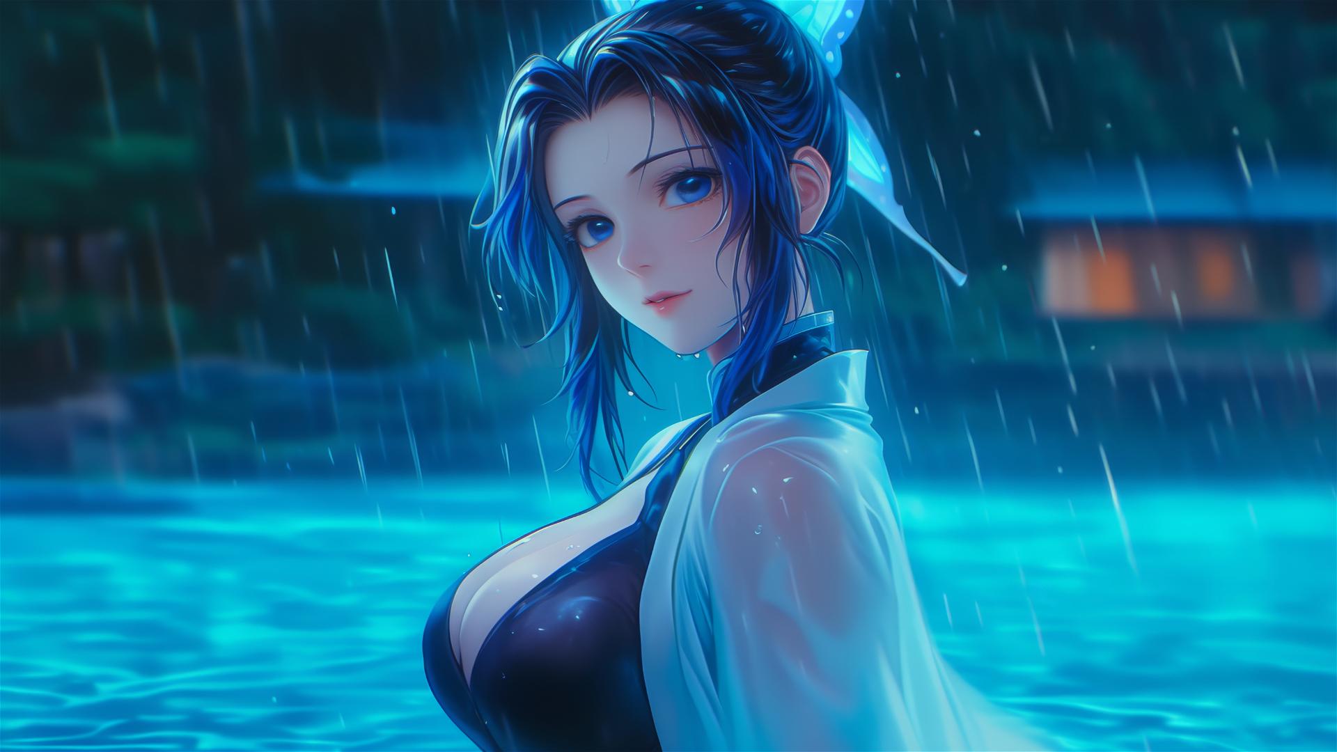 Shinobu Kocho in a rainy pool under moonlight