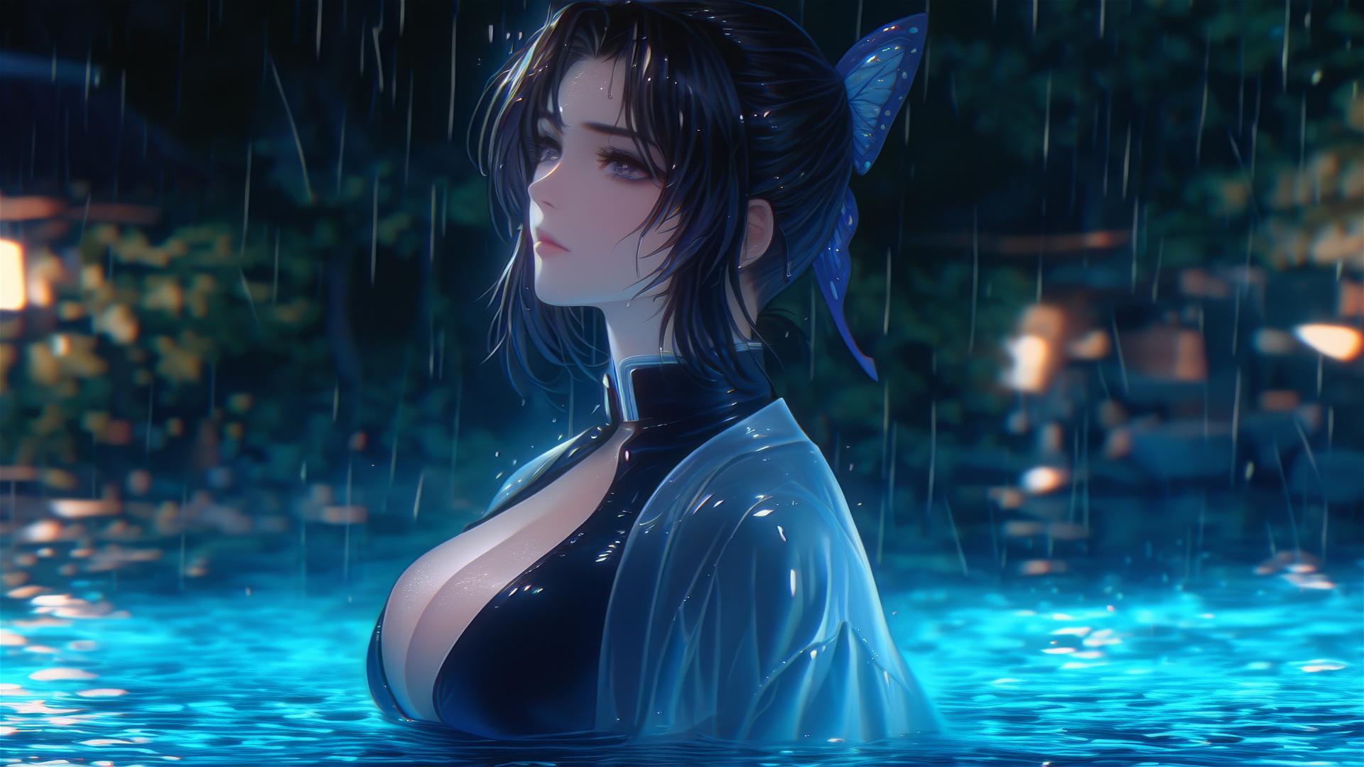 Shinobu Kocho from Demon Slayer standing in a rainy pool with moonlight glow