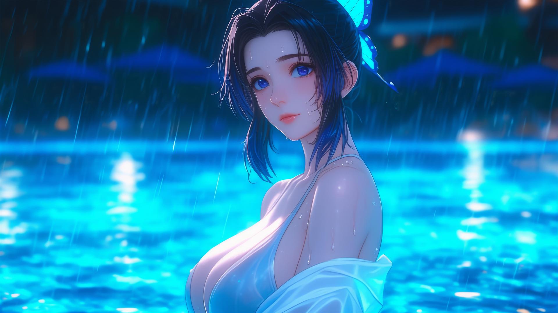 Shinobu Kocho in a rainy pool under moonlight