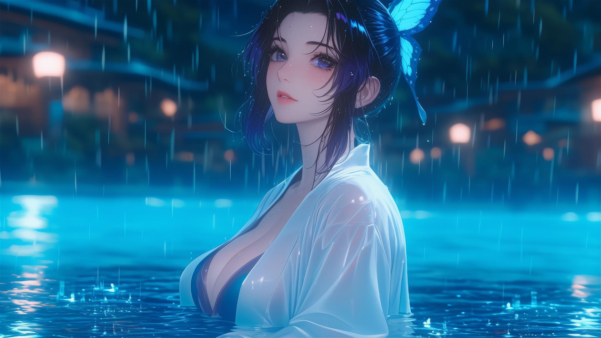Shinobu Kocho in rainy pool with moonlight