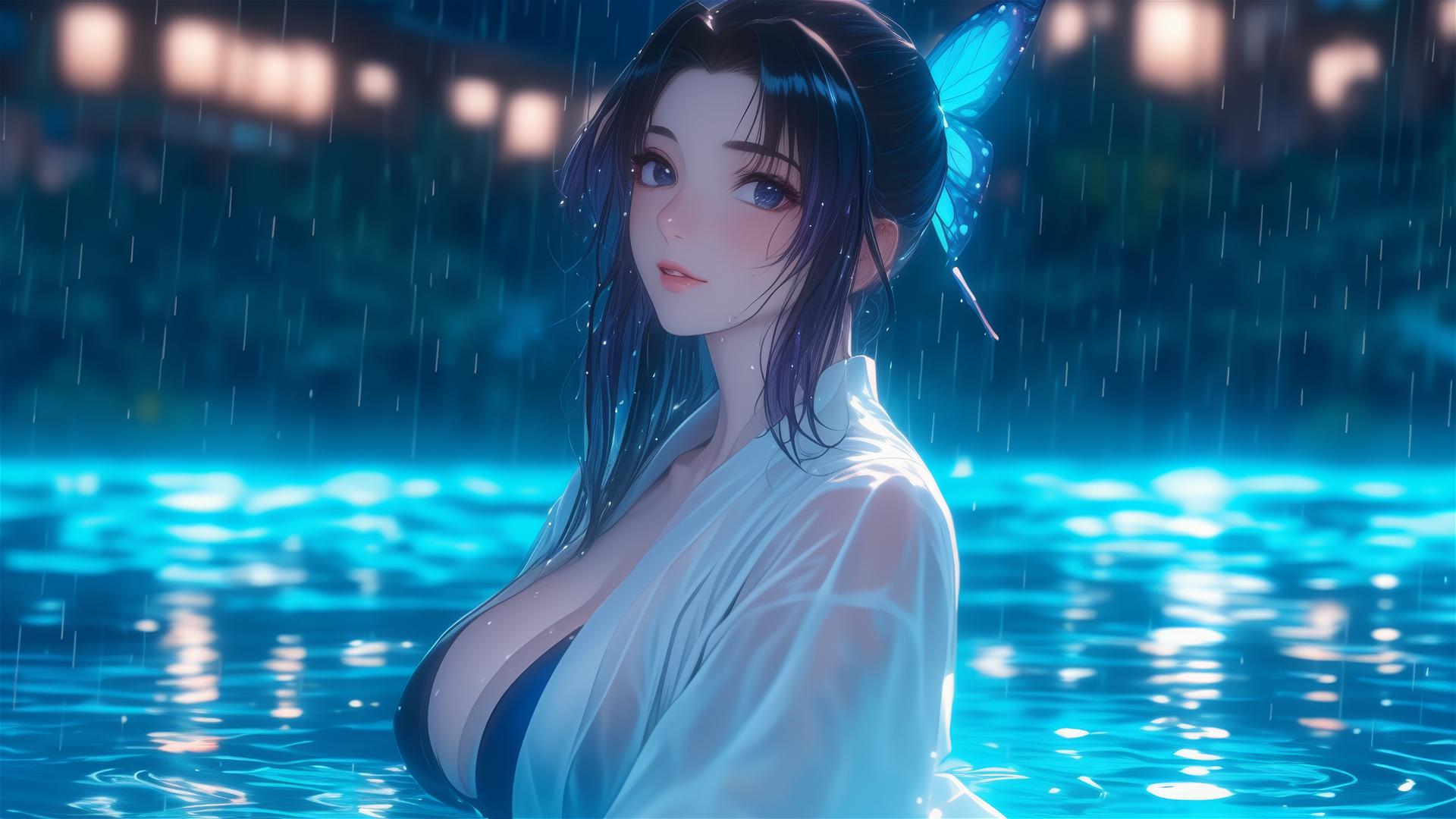 Shinobu Kocho from Demon Slayer standing in a rainy pool under moonlight