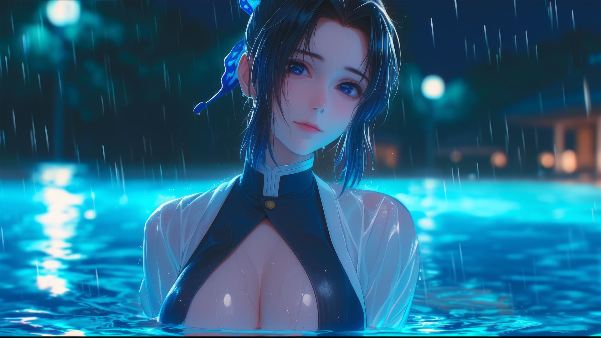Shinobu Kocho in rain by moonlit pool