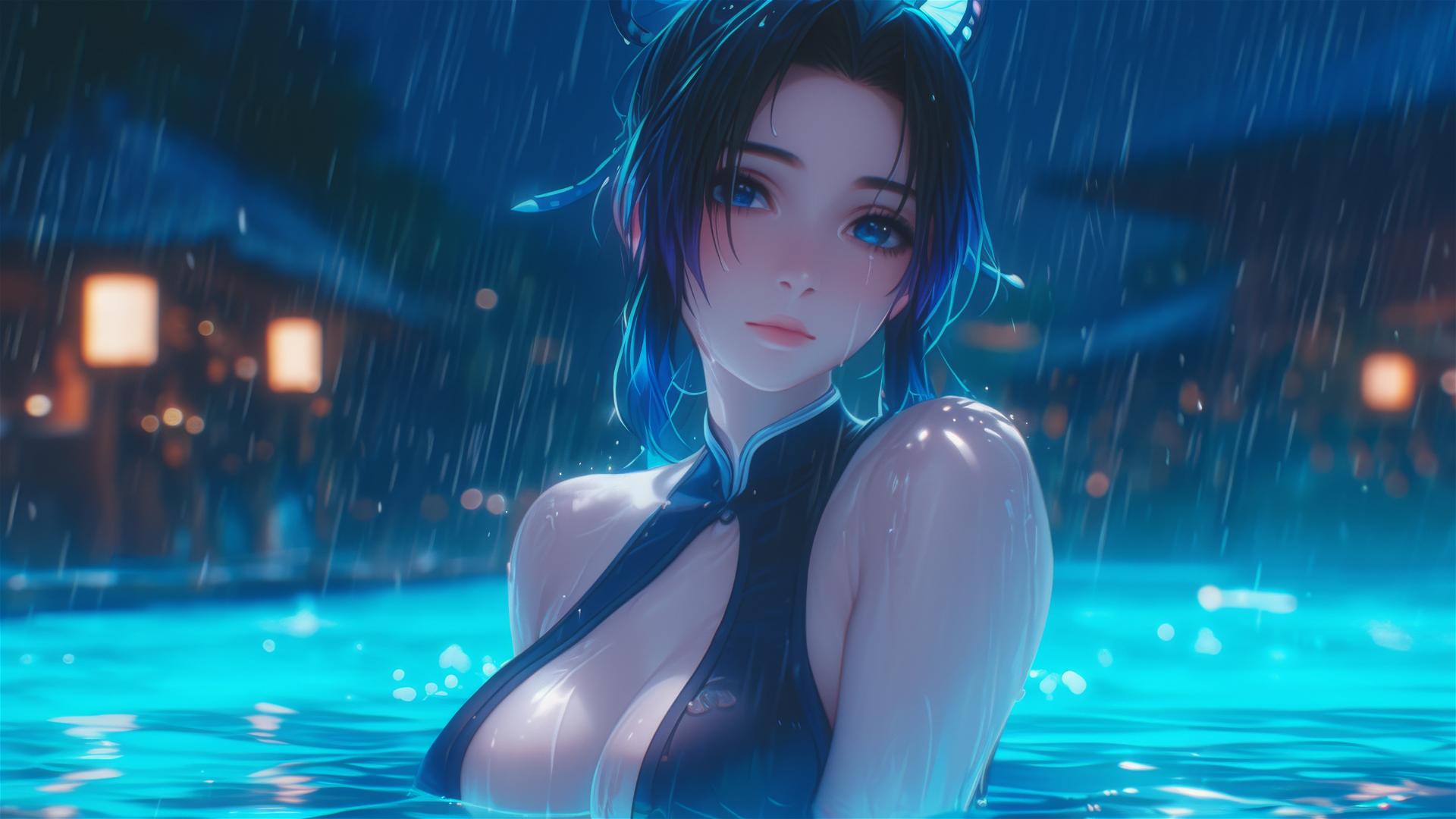 Shinobu Kocho stands in a rainy pool under moonlight