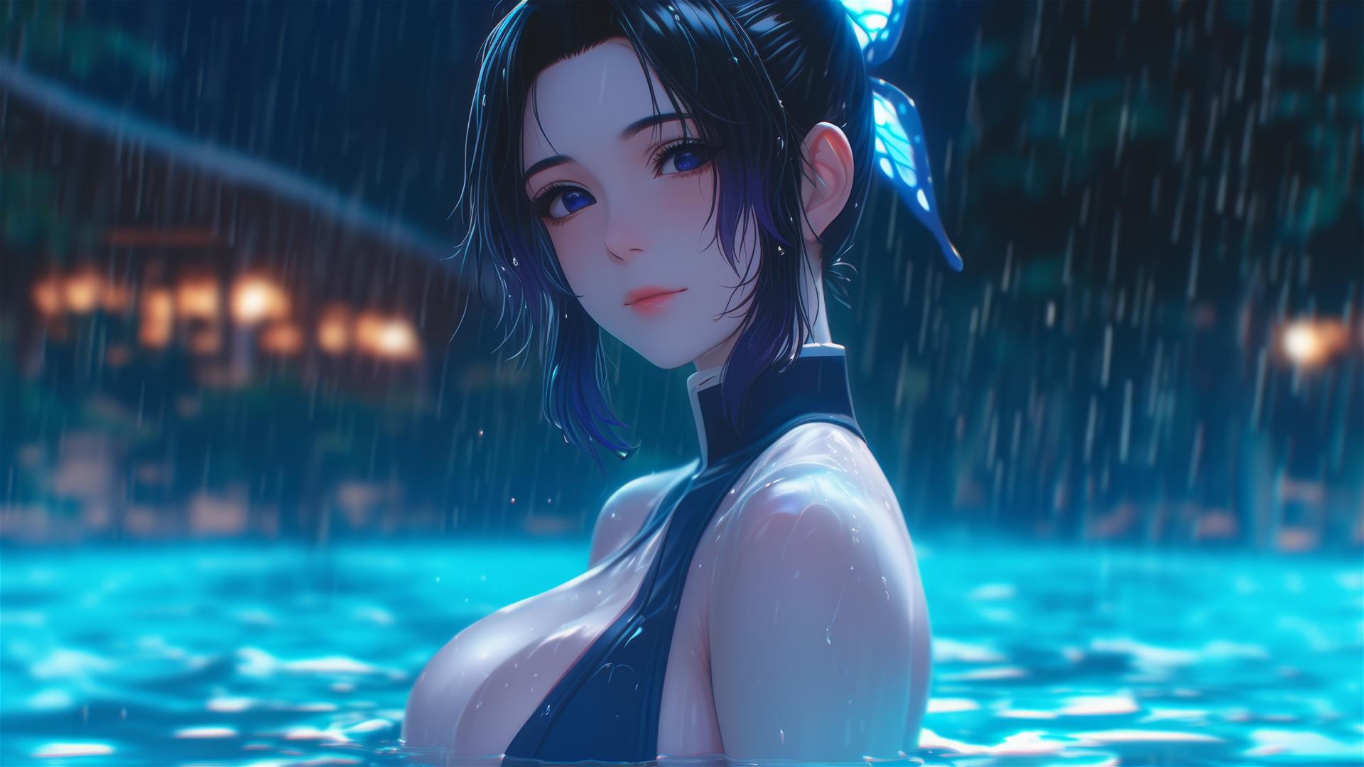 Shinobu Kocho from Demon Slayer standing in rainy pool with moonlight glow