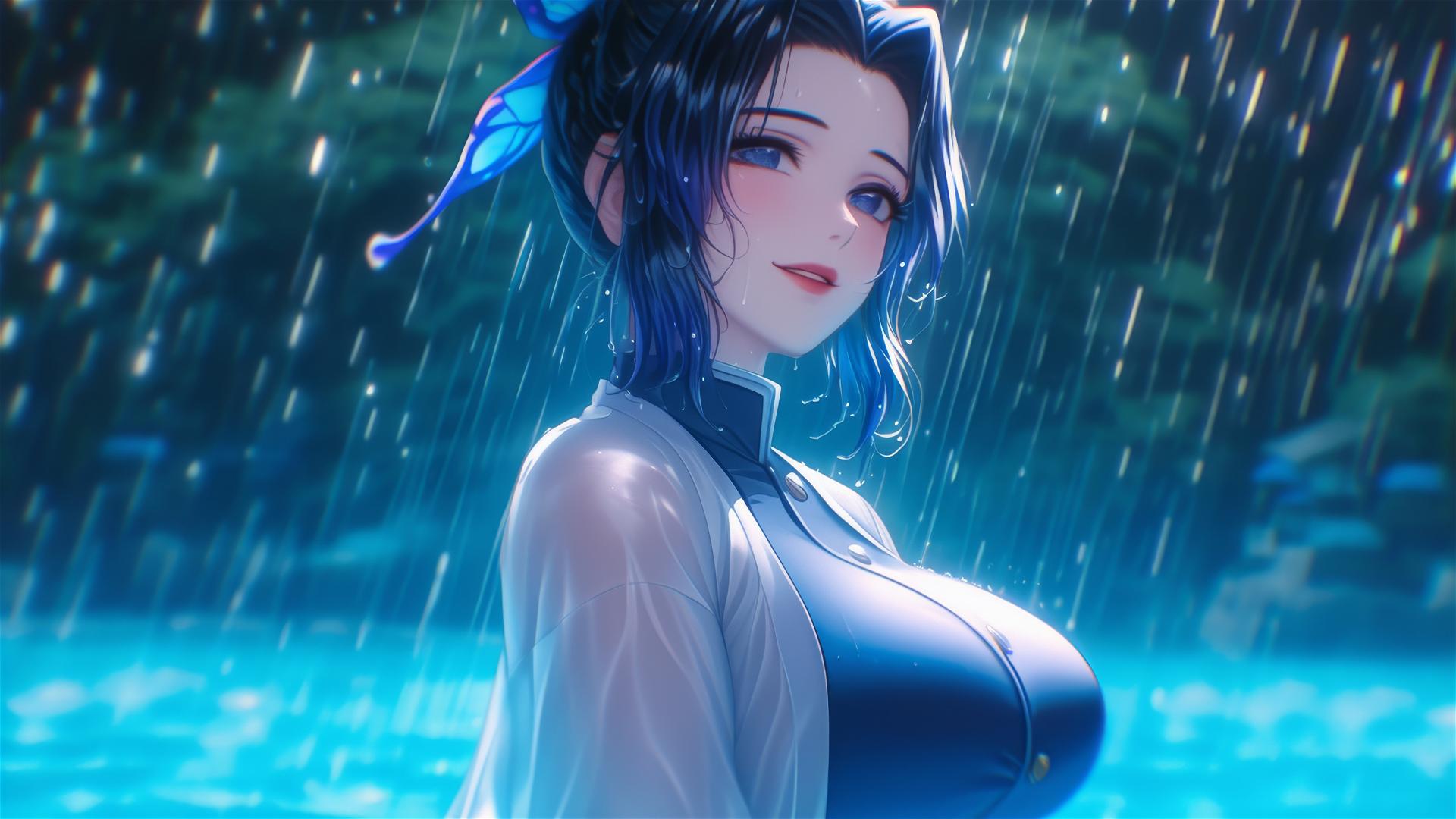 Shinobu Kocho in rainy pool with moonlight glow