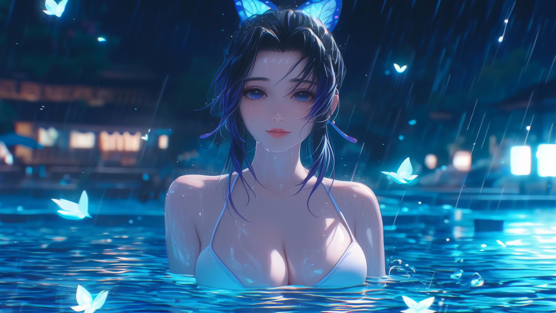 Shinobu Kocho in rainy pool basking in moonlight