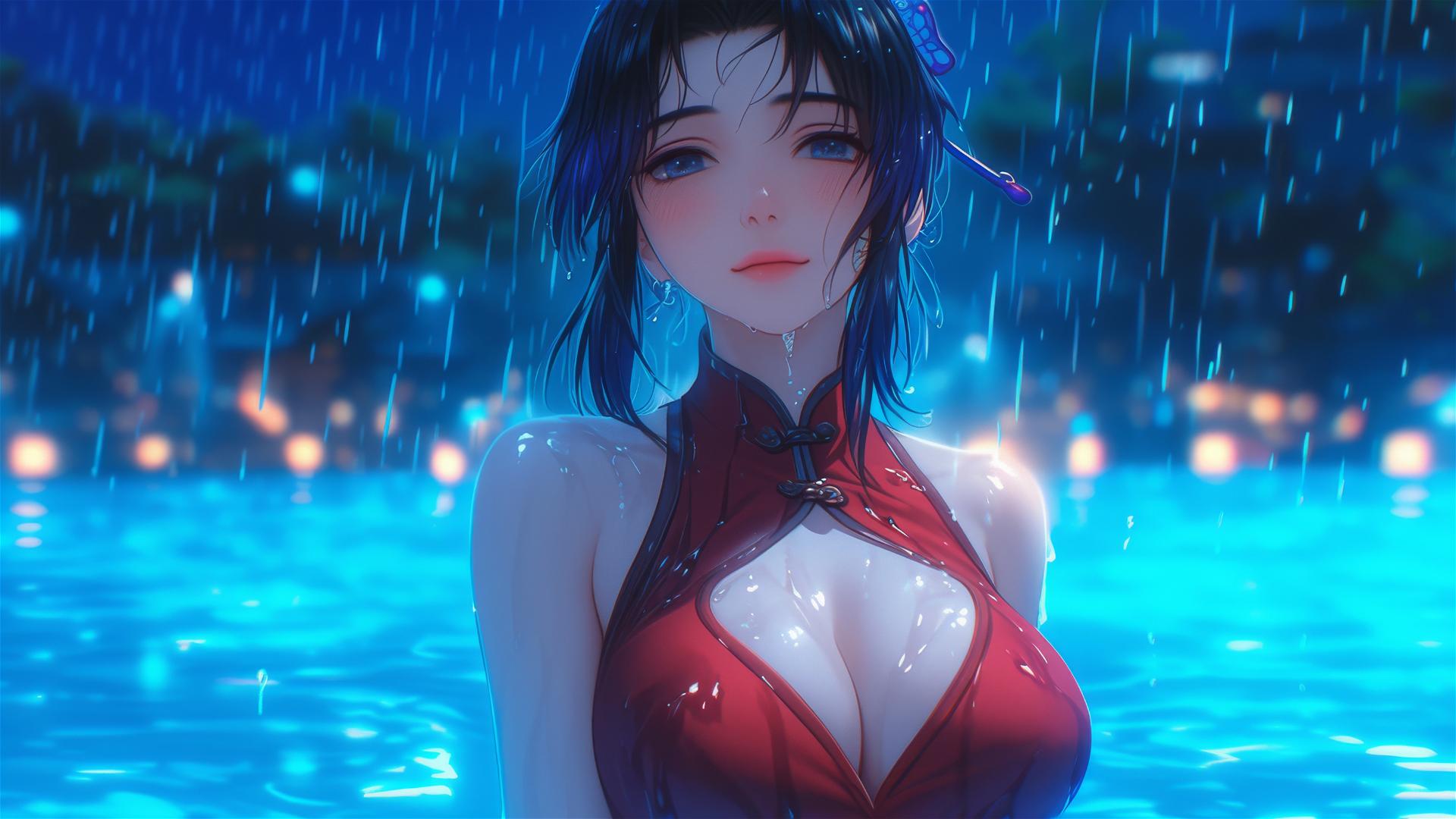 Shinobu Kocho by pool in rain with moonlight on red dress