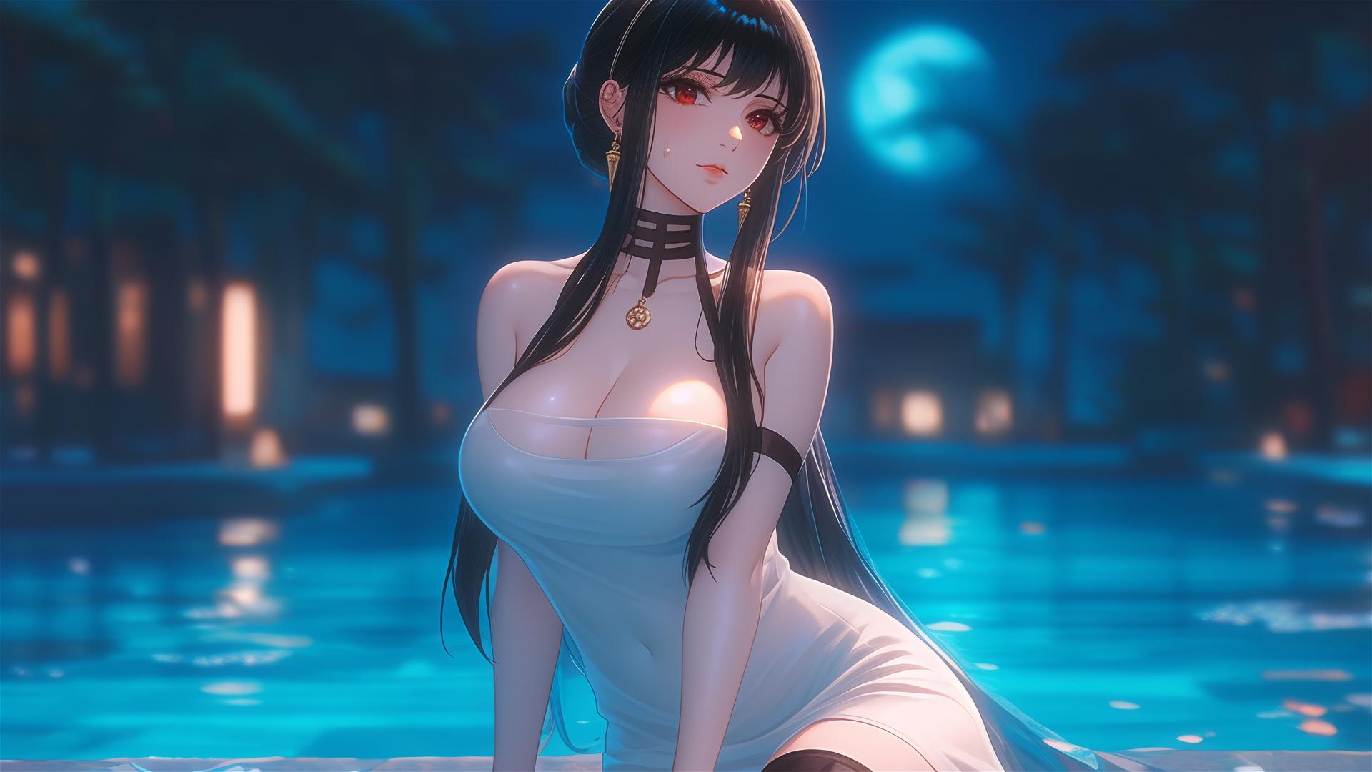 Yor Forger rests by pool under the moonlight