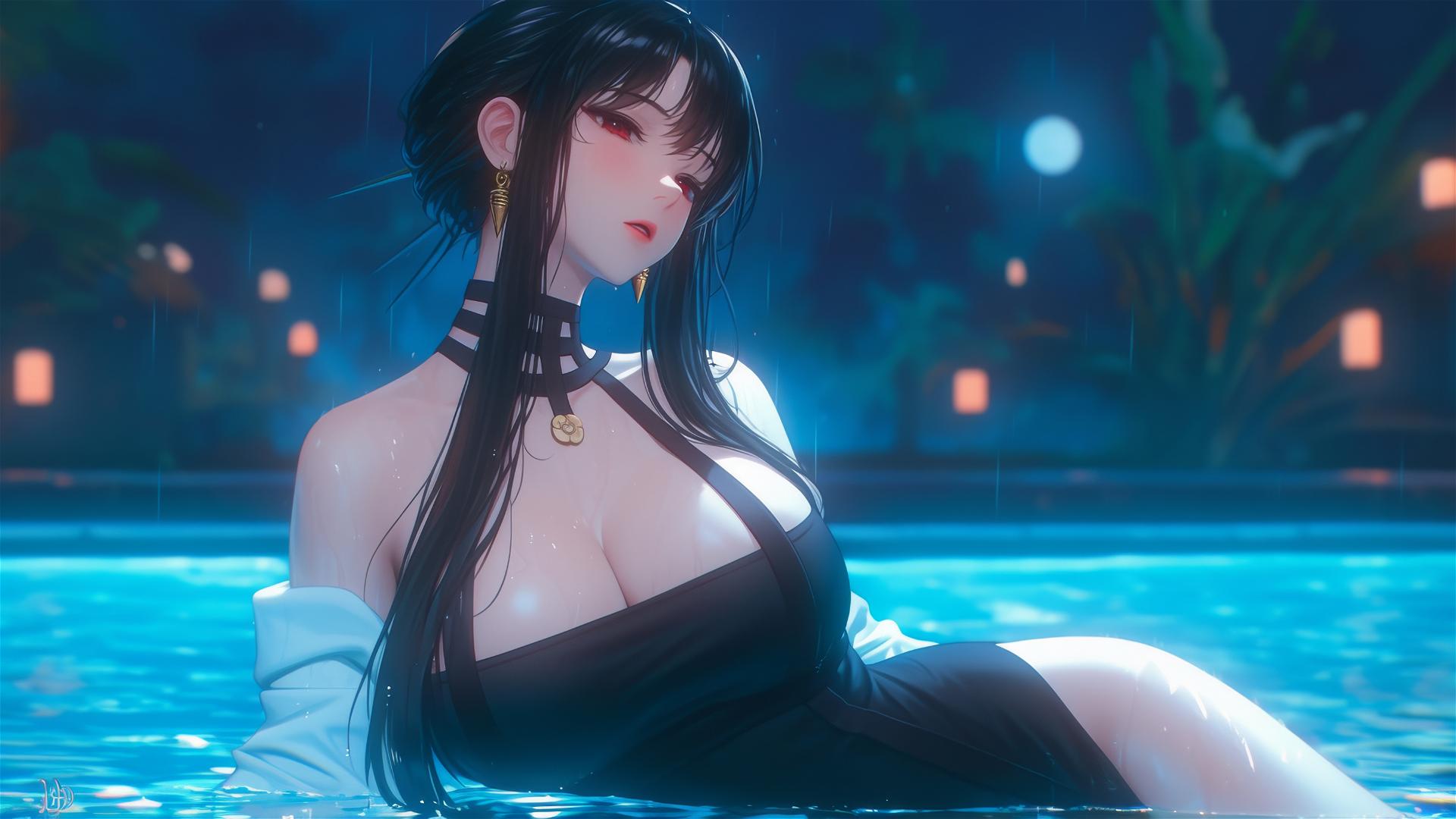 Yor Forger from Spy x Family relaxing by the pool under moonlight