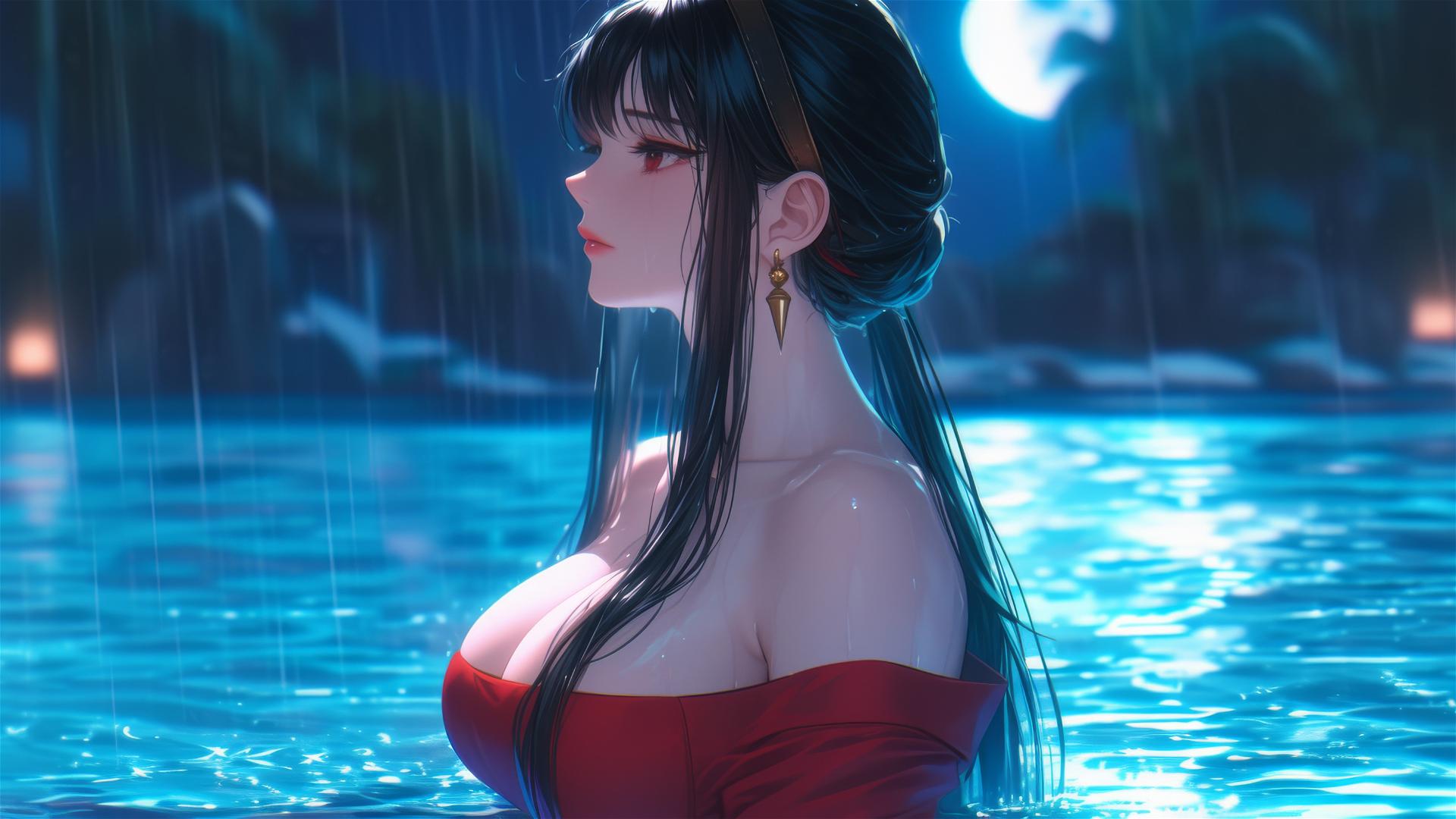 Yor Forger stand in moonlit pool, red pajamas, rainy ambiance
