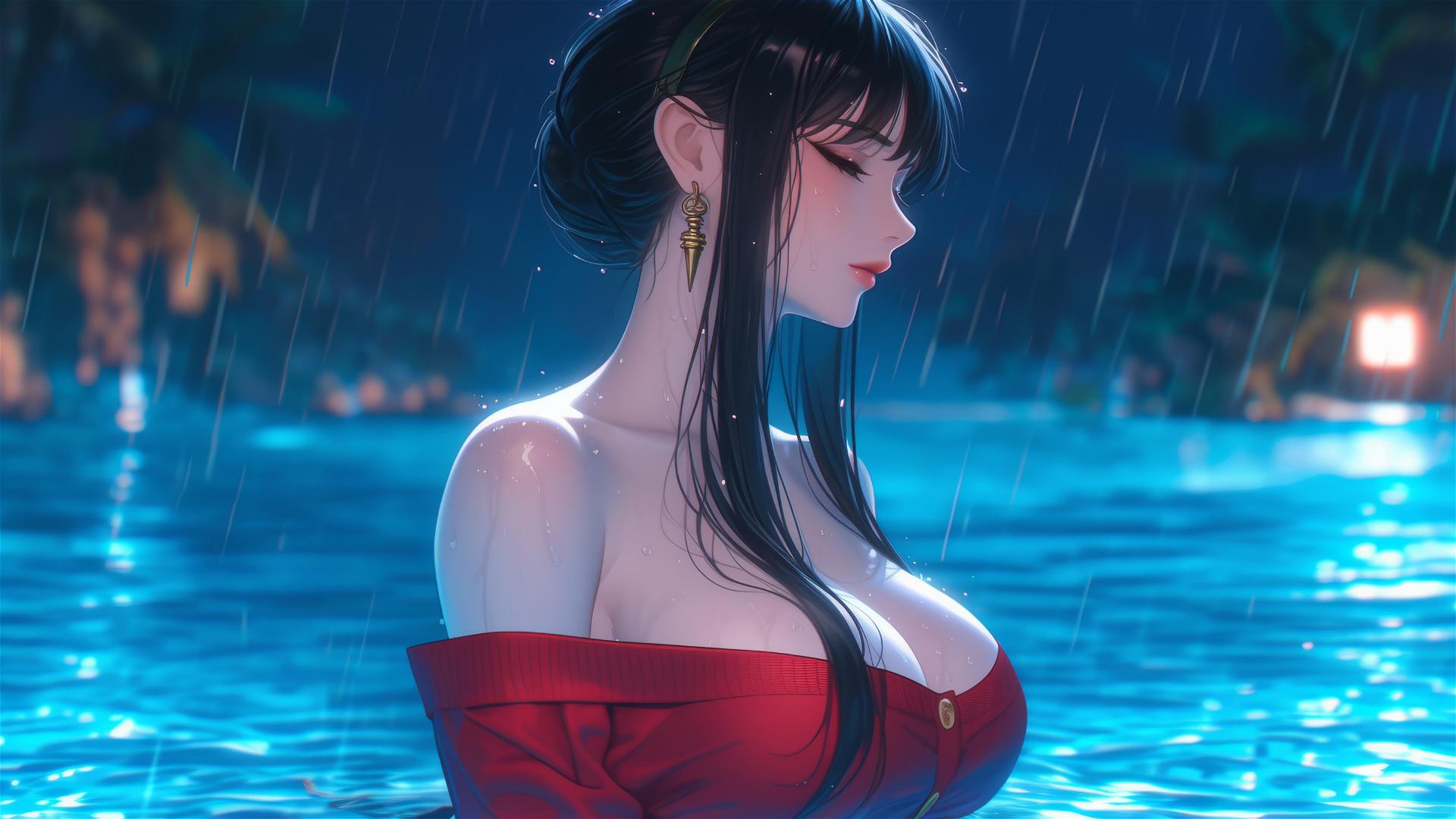 Yor Forger from Spy x Family standing in a rainy pool with moon glow on red pajamas