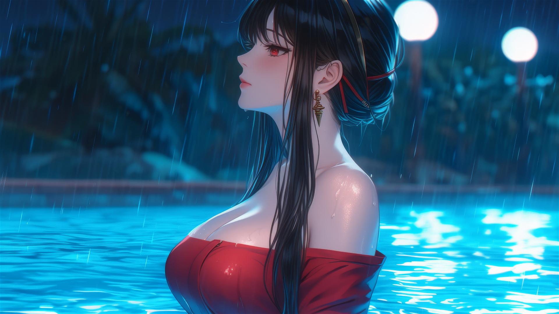 Yor Forger from Spy x Family standing in a pool under moonlight in red pajamas