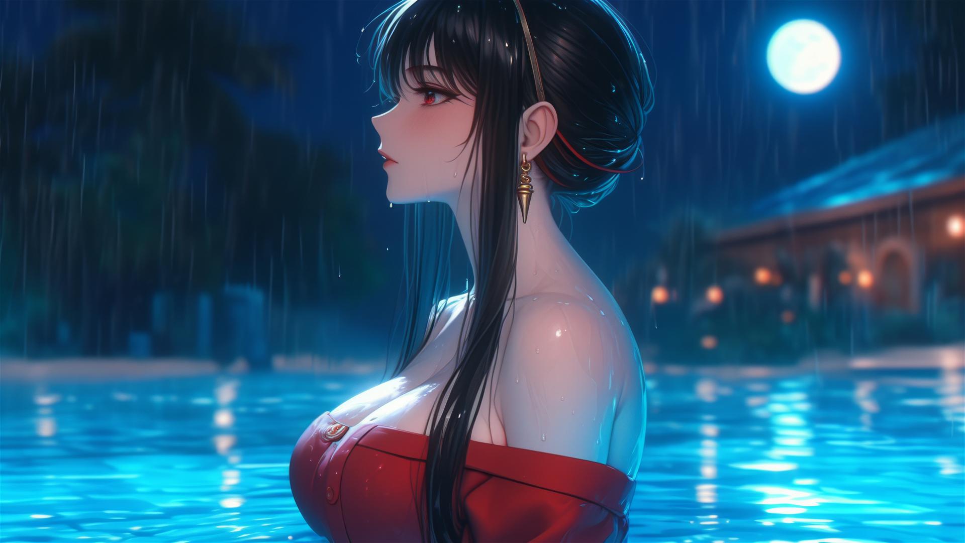 Yor Forger from Spy x Family standing in a pool with moonlight and rain in red pajamas