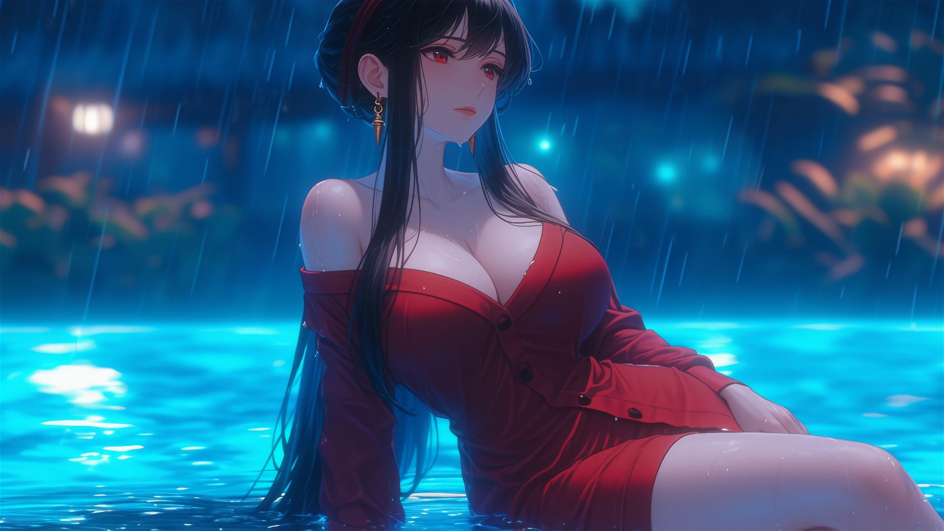 Yor Forger resting by pool in moonlight wearing red pajamas