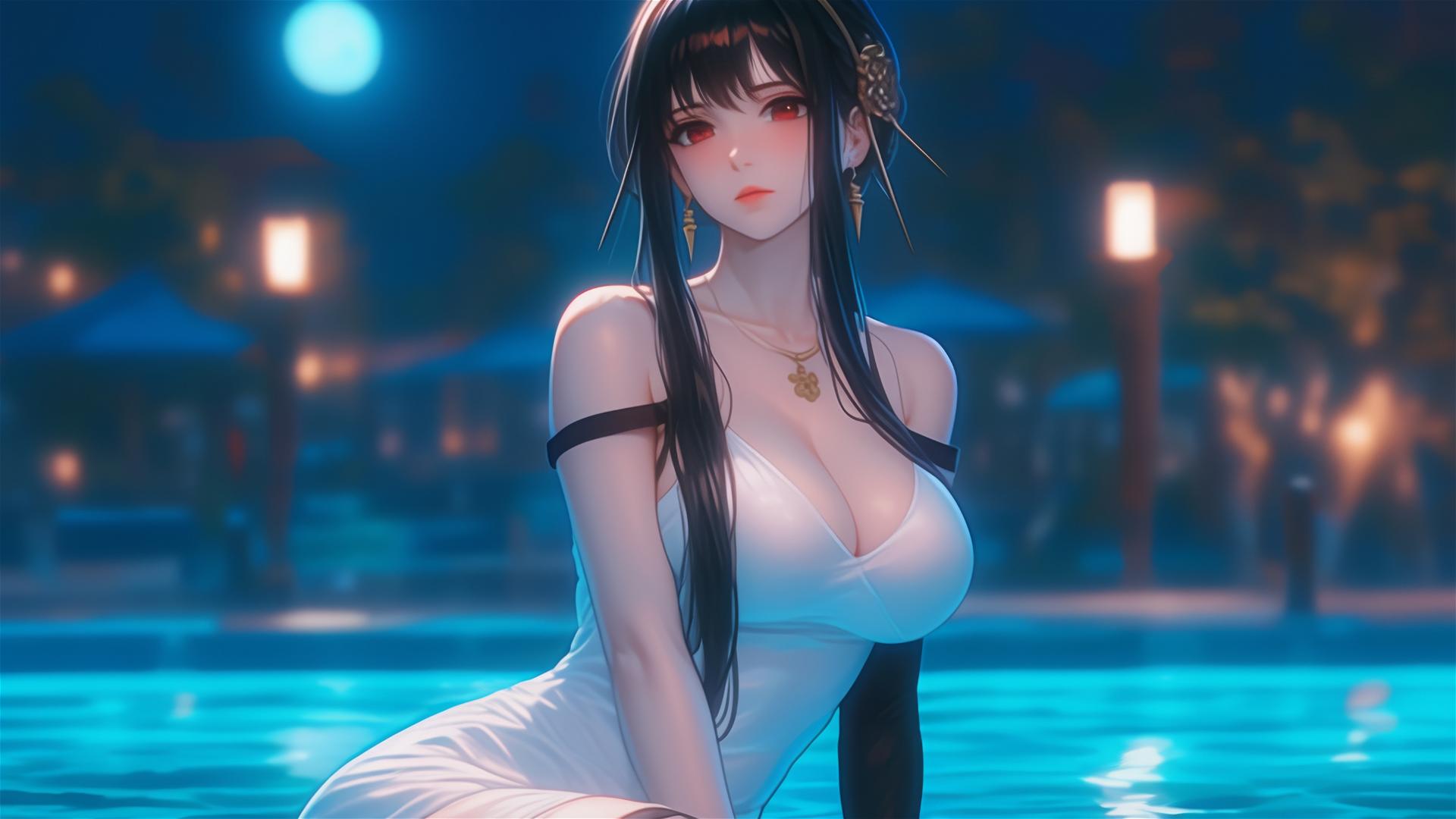 Yor Forger from Spy x Family resting by pool under moonlight