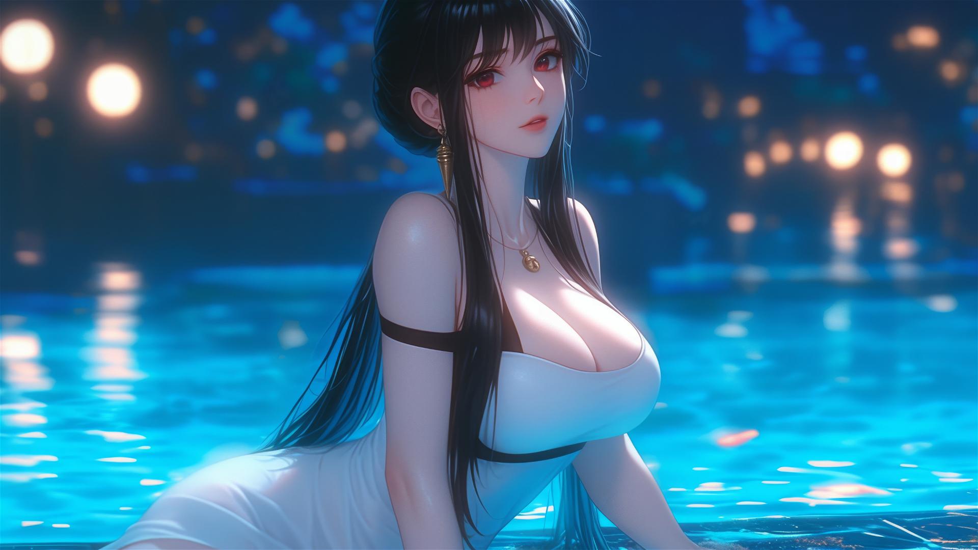 Yor Forger from Spy x Family resting by the pool under moonlight