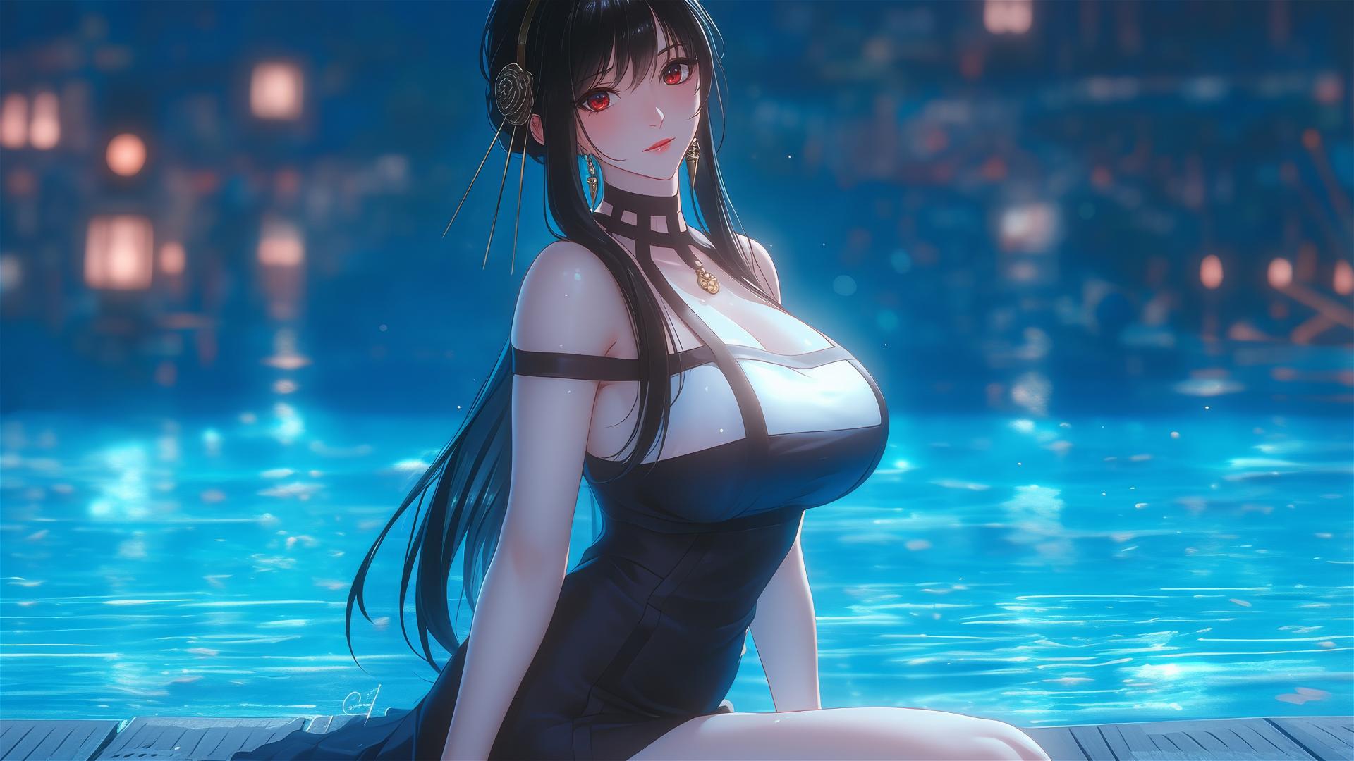 Yor Forger relaxing by poolside under moonlight