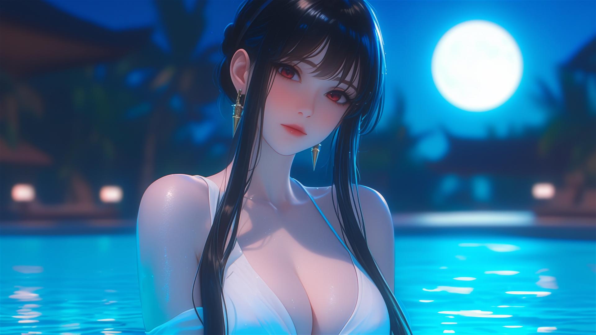 Yor Forger from Spy x Family relaxing by the pool under moonlight
