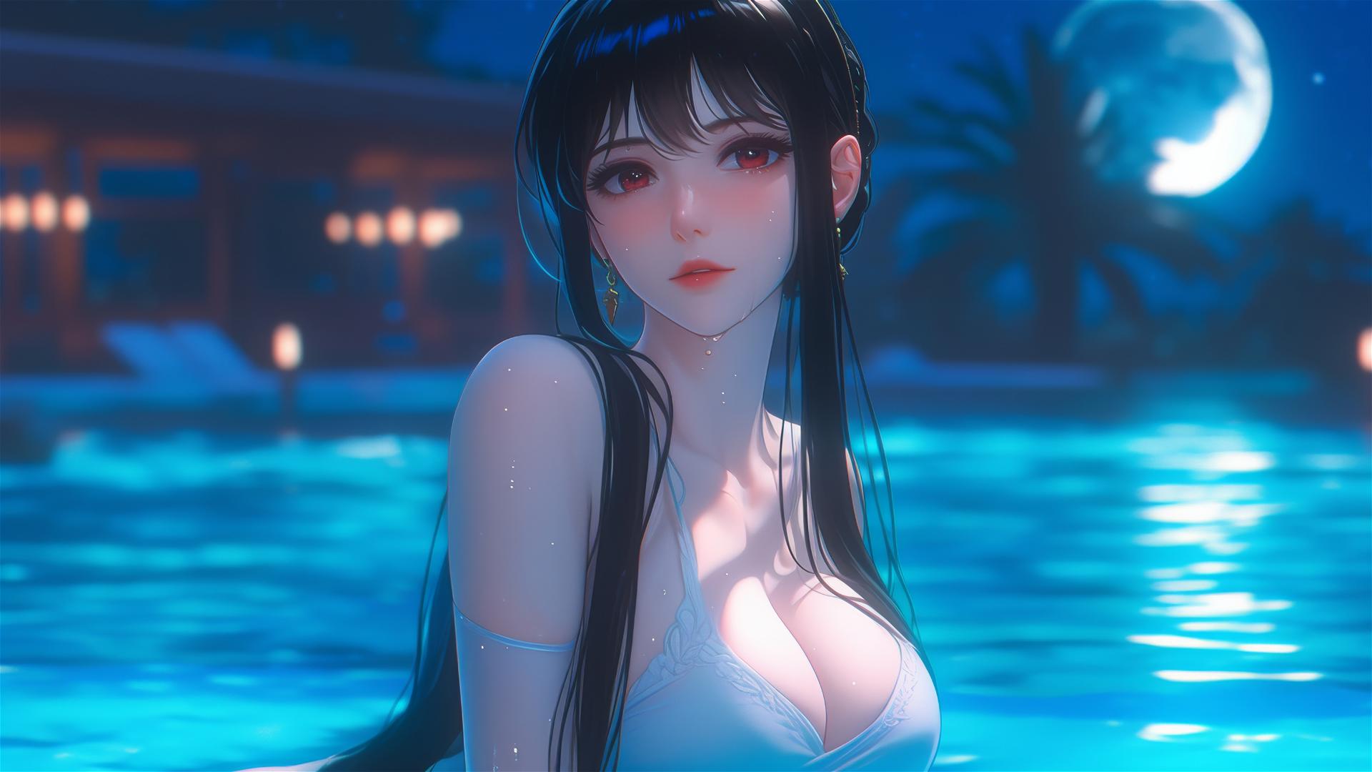 Yor Forger from Spy x Family resting by pool in moonlight