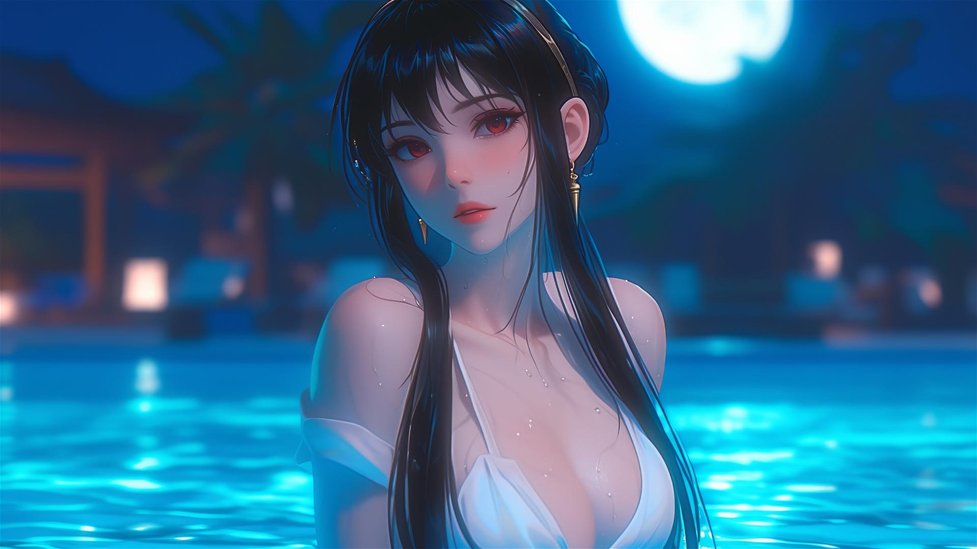 Yor Forger from Spy x Family resting by the pool under moonlight