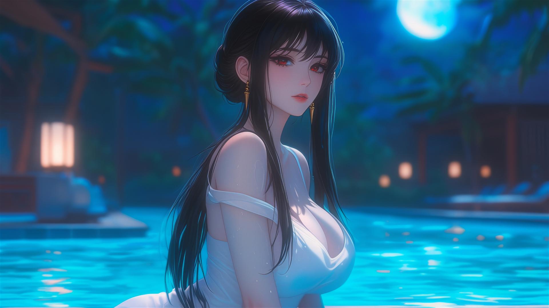 Yor Forger from Spy x Family resting by the pool under moonlight