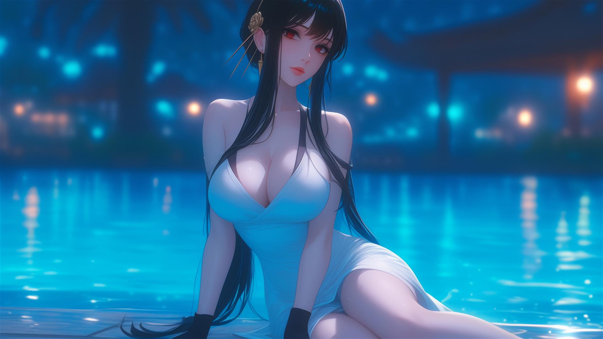 Yor Forger from Spy x Family resting by the pool under moonlight