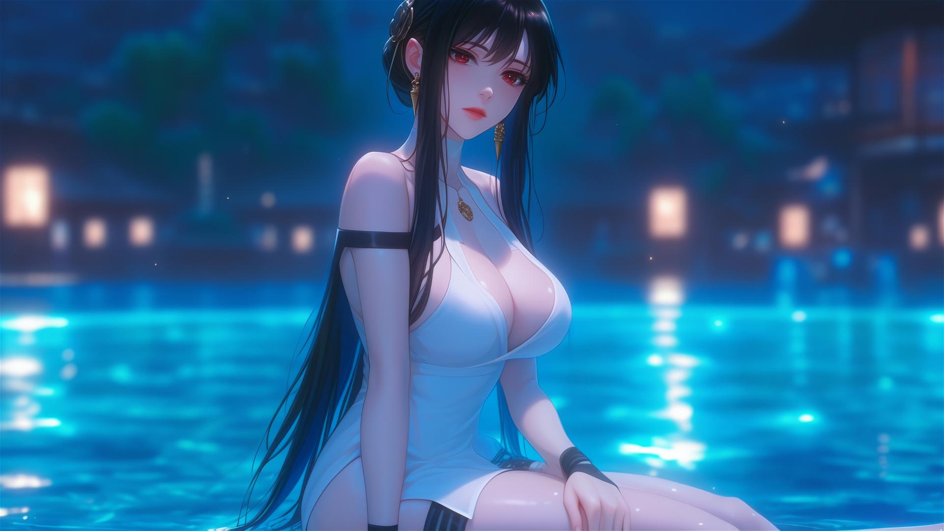 Yor Forger from Spy x Family resting by the pool under moonlight