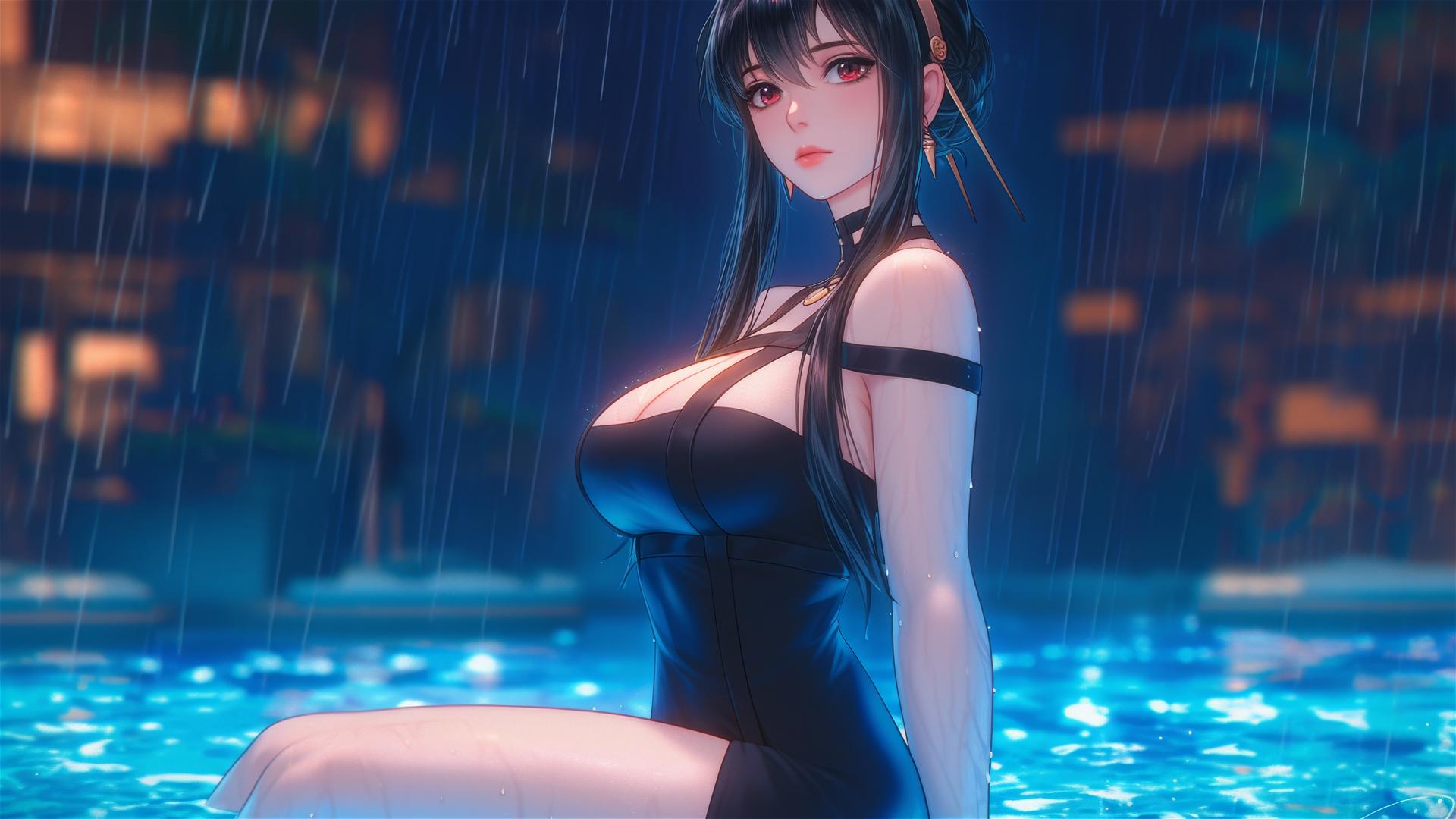 Yor Forger from Spy x Family beside a rainy pool under moonlight