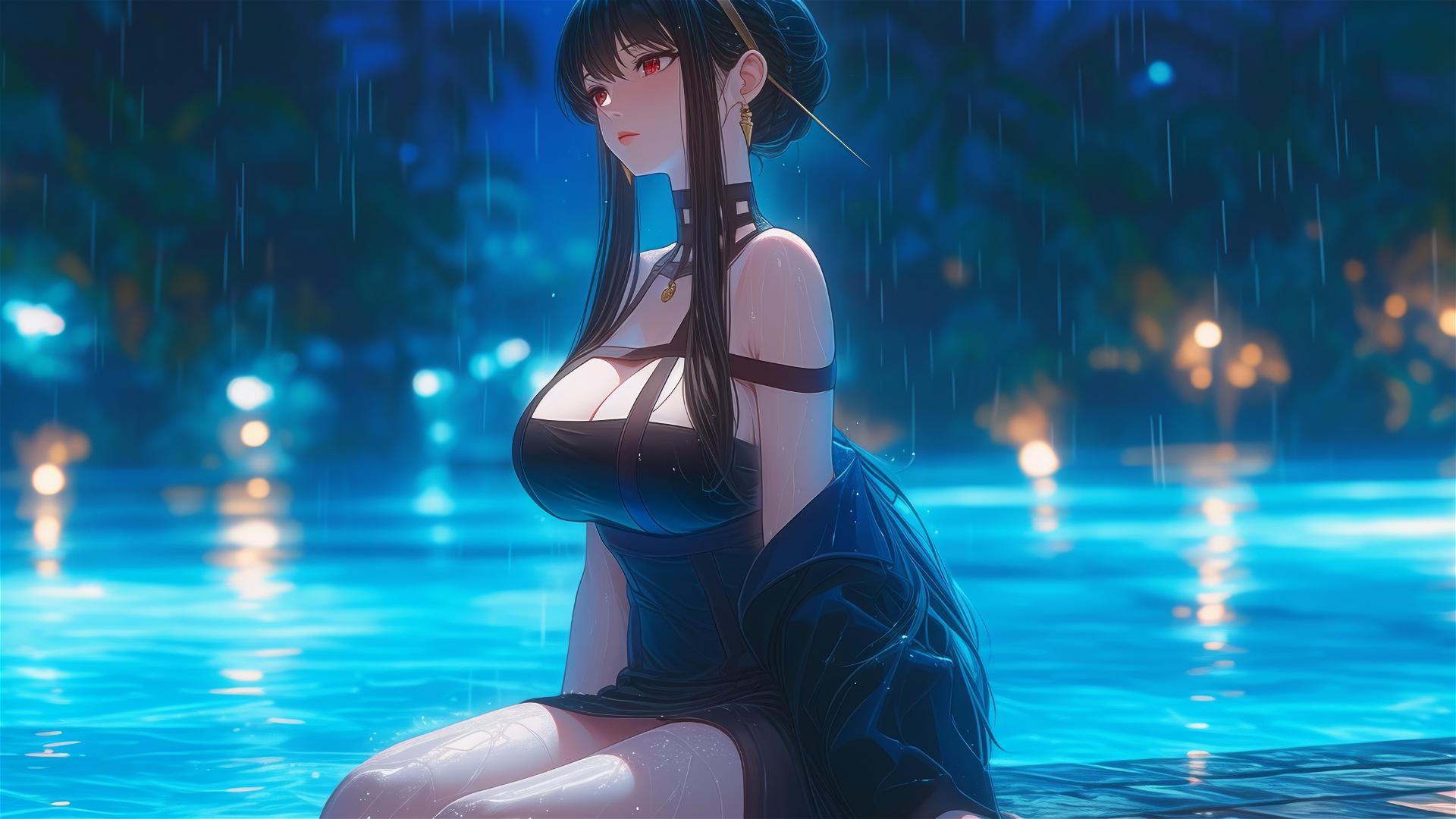 Yor Forger from Spy x Family resting by a moonlit pool in the rain