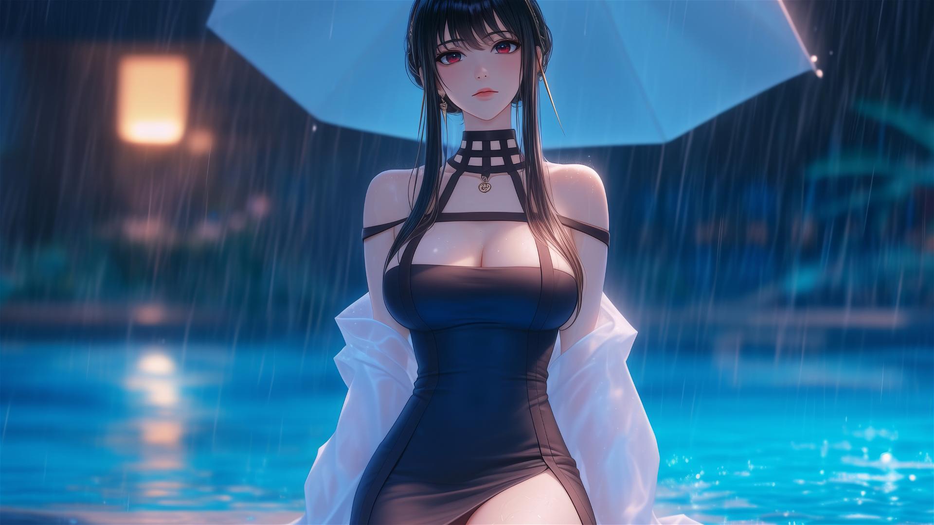 Yor Forger rests by a pool in moonlit rain, wearing air