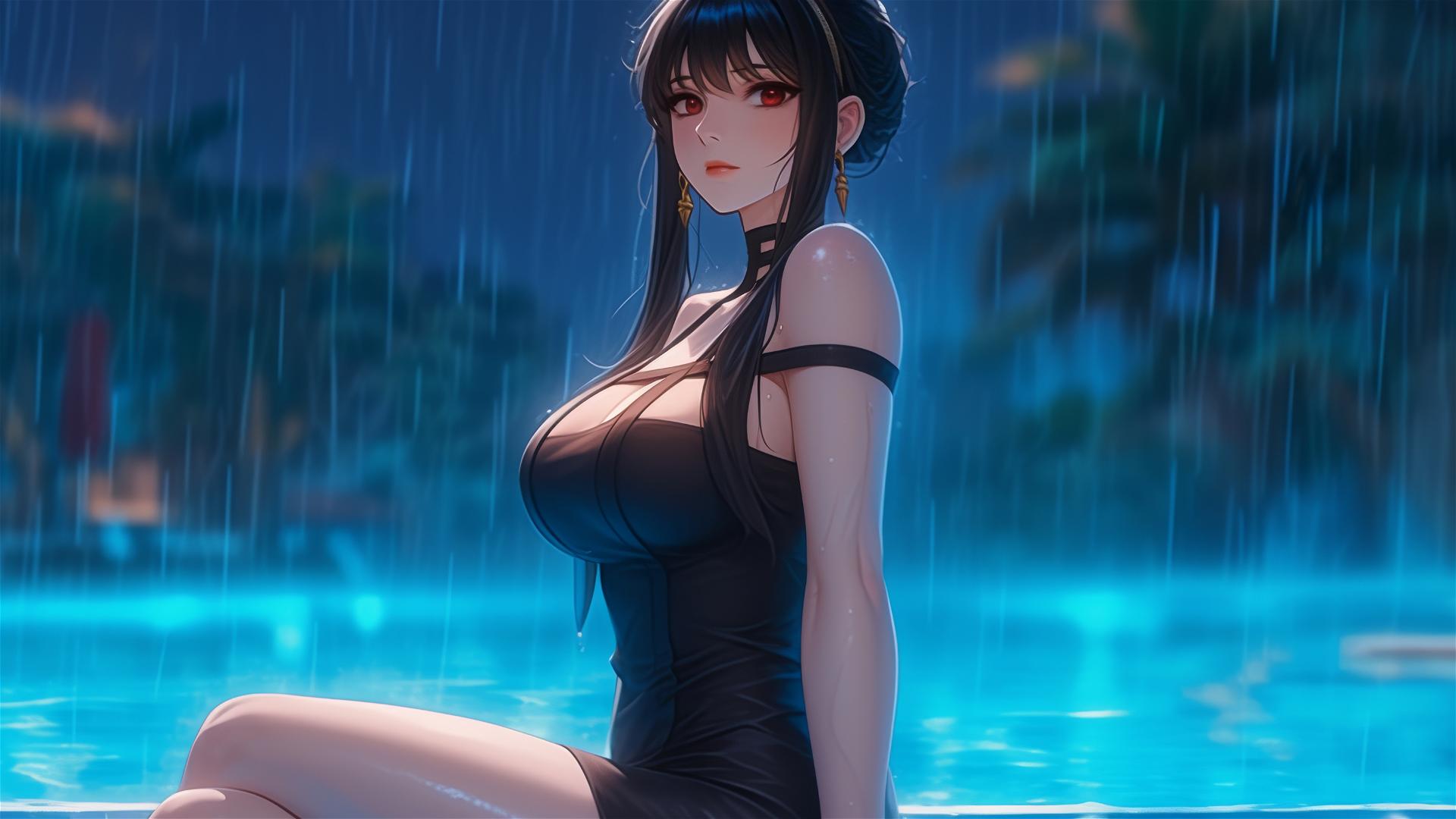 Yor Forger from Spy x Family by rainy pool, moonlit