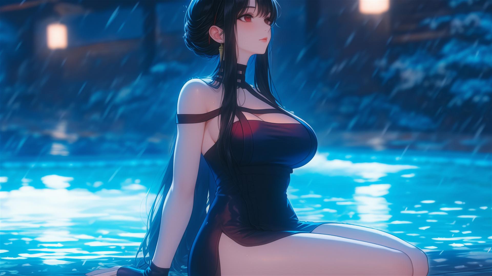 Yor Forger from Spy x Family rests by a pool in moonlight, in an apron, with rain