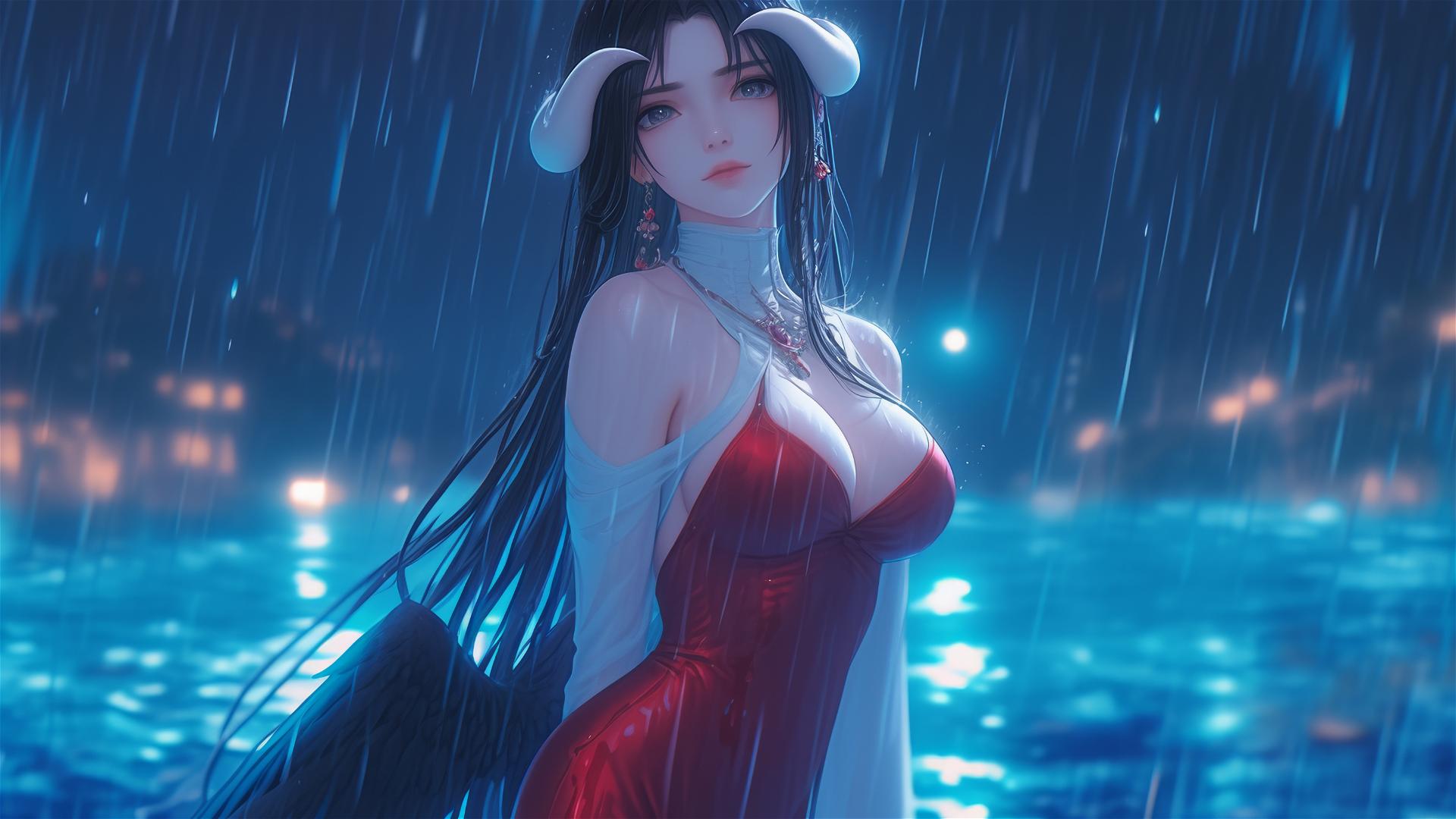 Albedo from Overlord standing in a pool under moonlight and rain in red dress