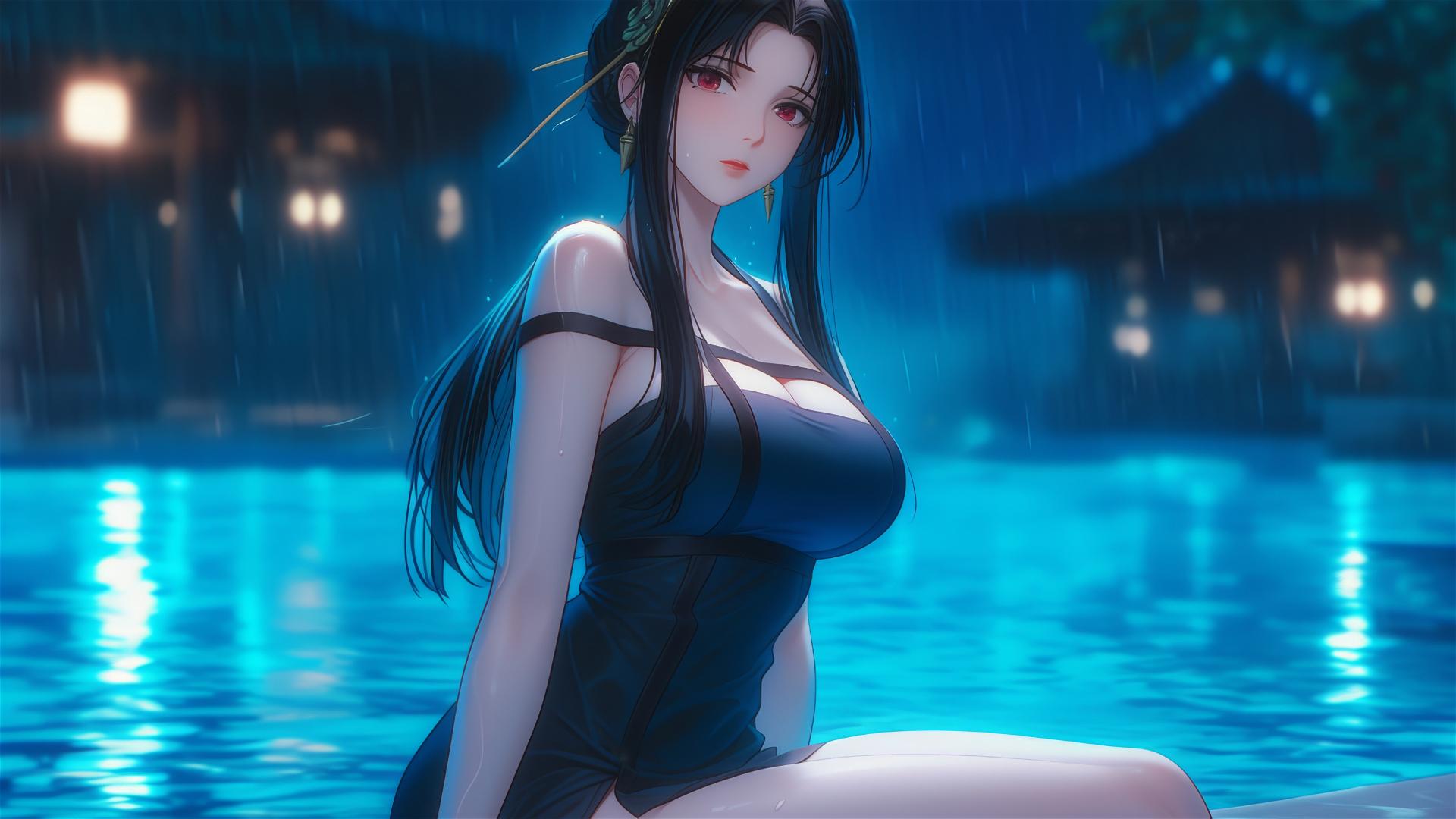 Yor Forger in apron by a pool under moonlight in the rain