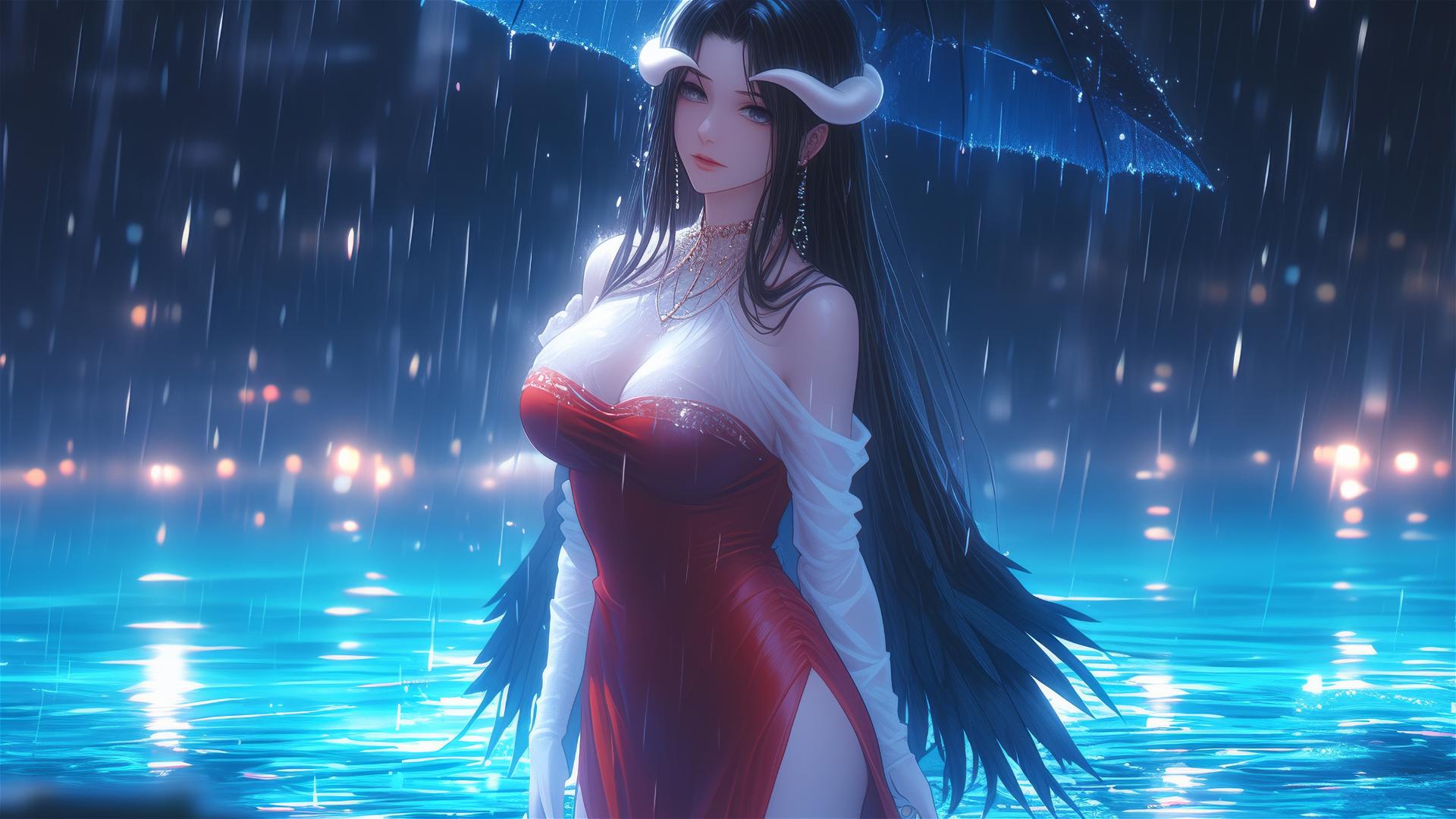 Albedo from Overlord standing in a pool under the moonlight, dressed in a red dress with rain
