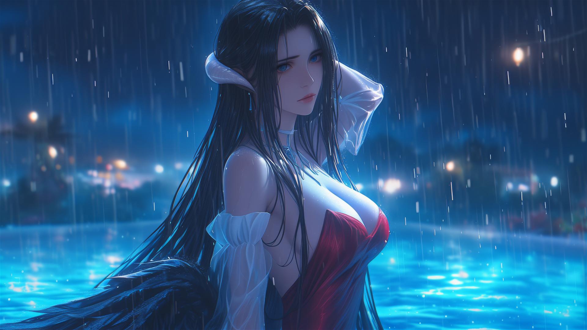 Albedo from Overlord standing in a pool, moonlit and rainy with red dress