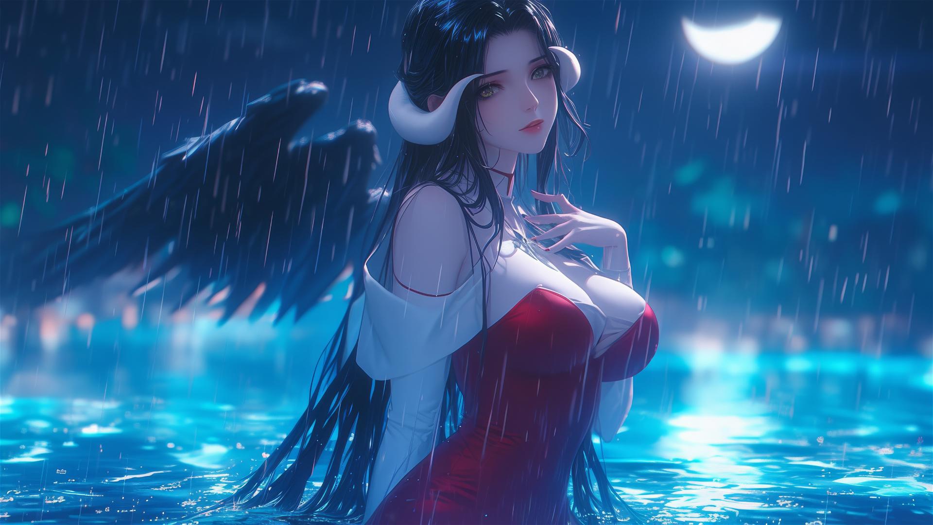 Albedo from Overlord in red dress, standing in rainy pool with moonlight glow