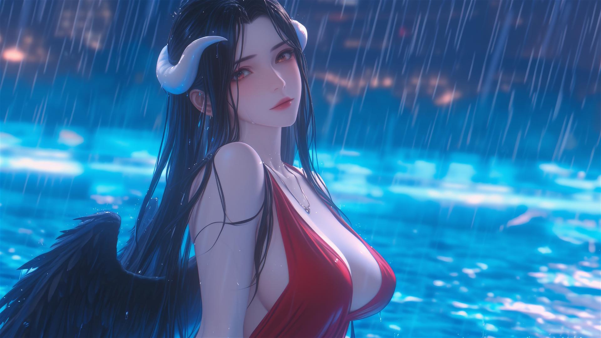 Albedo from Overlord in red dress at nighttime poolside with moon glow