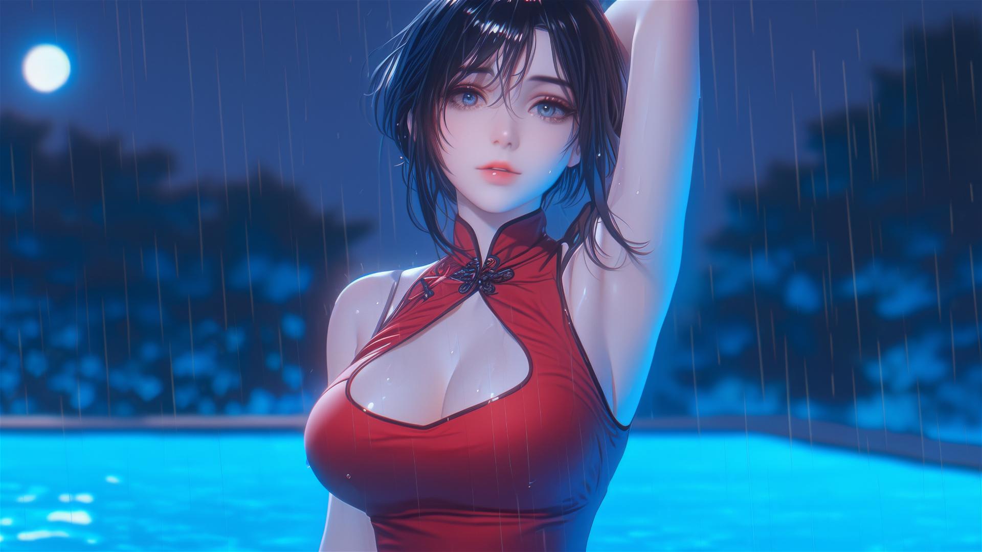 Mikasa Ackerman in red dress under moonlit rainy pool