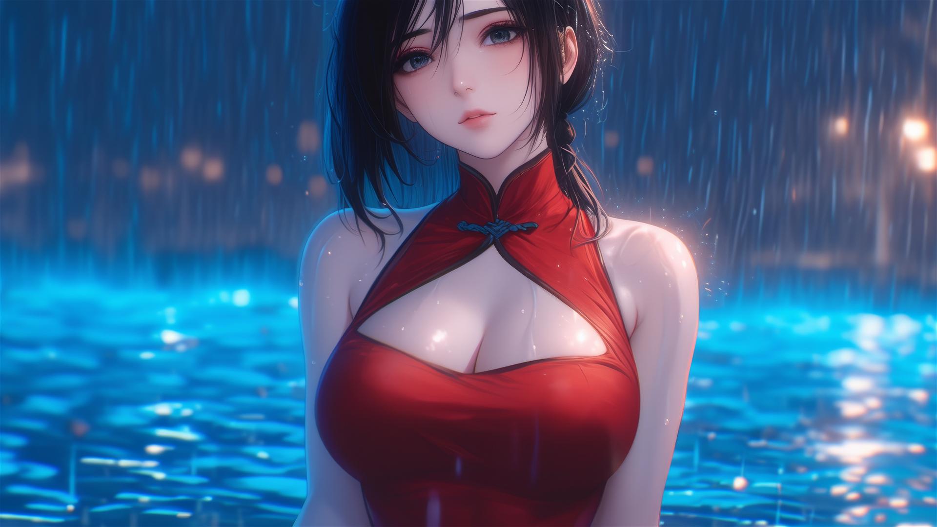 Mikasa Ackerman in a red dress standing in a rainy pool under moonlight