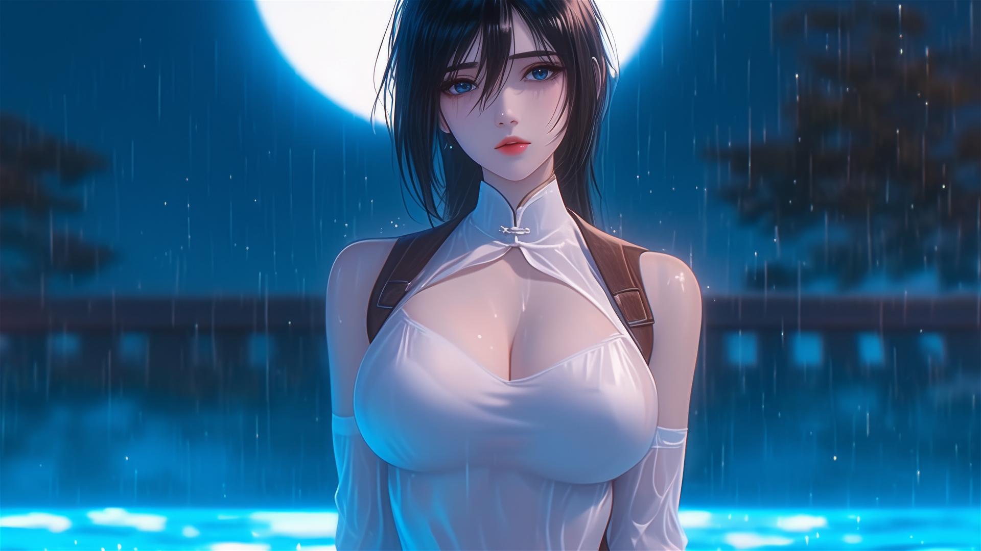 Mikasa Ackerman from Attack on Titan standing in a rainy pool under moonlight in a white dress