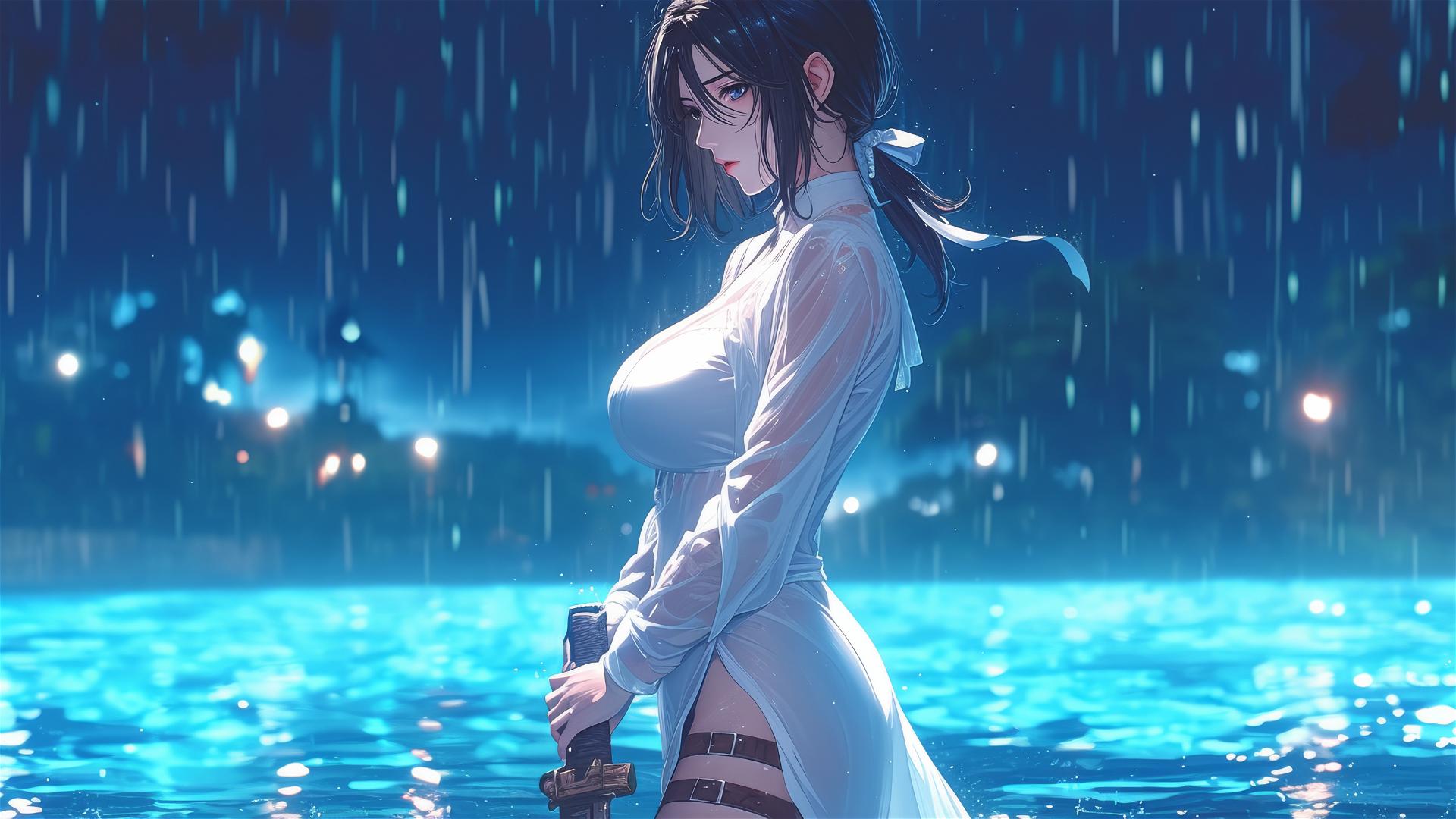 Mikasa Ackerman standing in the rain at night by a pool, moonlight on white dress