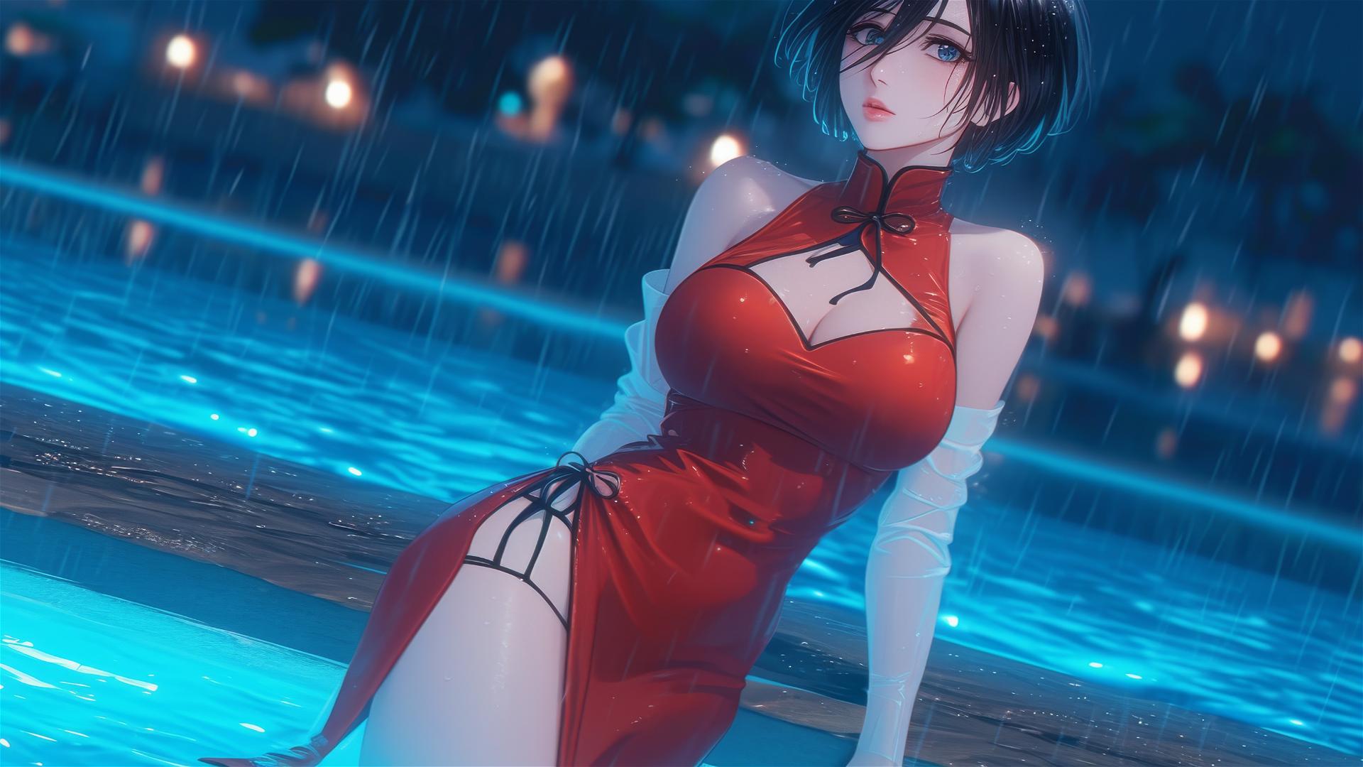 Mikasa Ackerman in rain by pool with moonlight on red dress