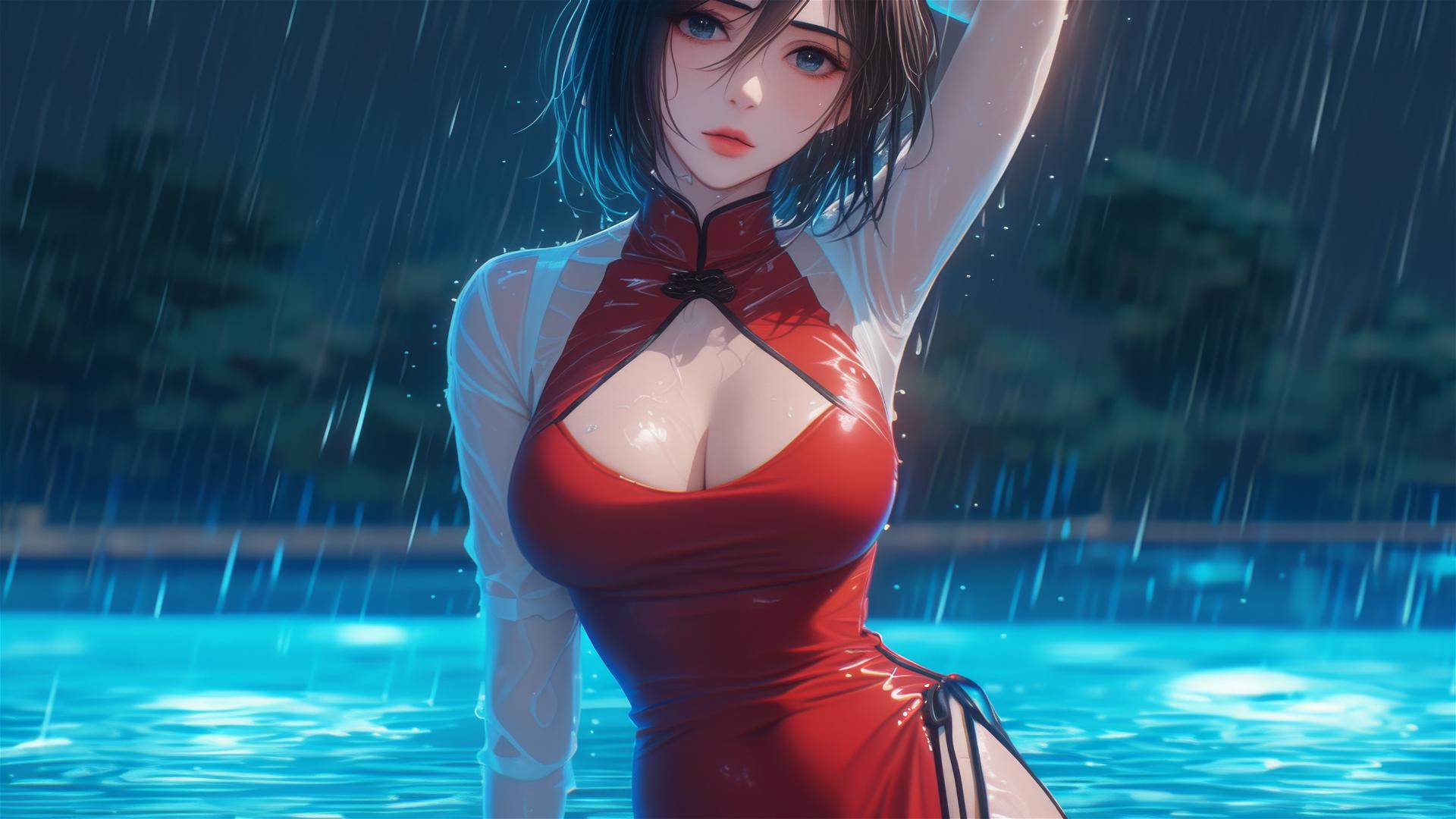 Mikasa Ackerman in a red dress standing in a rainy pool under moonlight