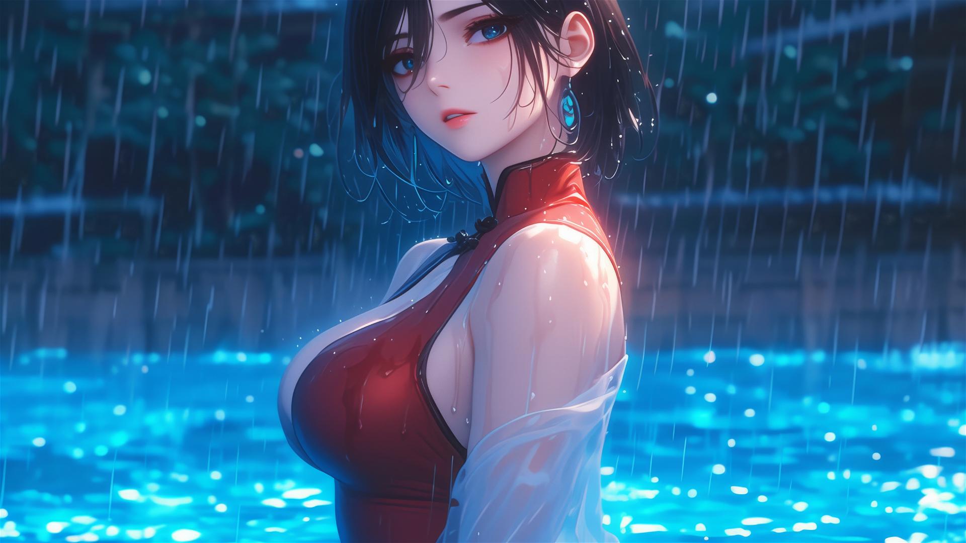 Mikasa Ackerman in red dress in rainy pool under moonlight