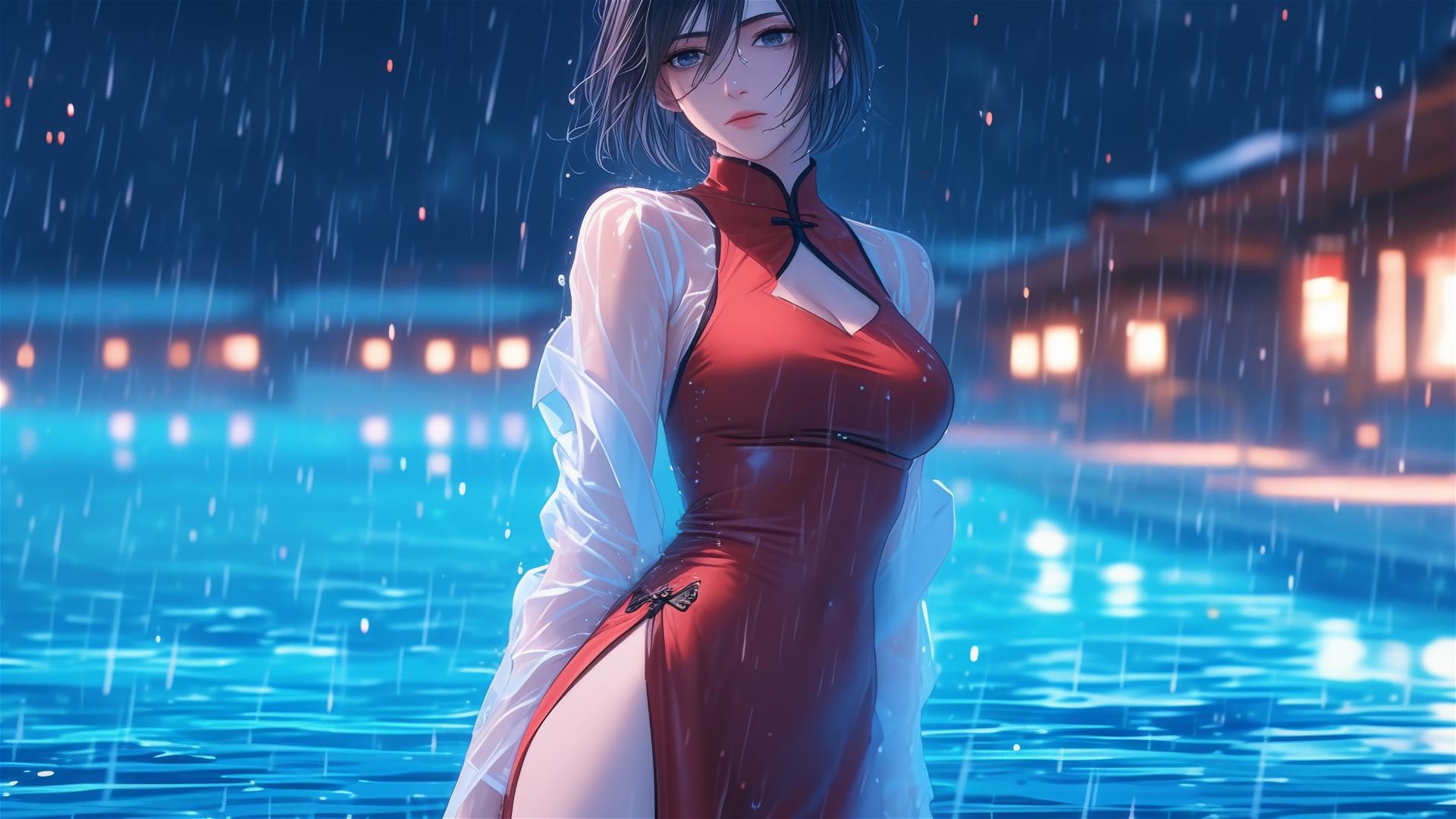 Mikasa Ackerman standing in pool with moonlight and rain, in red