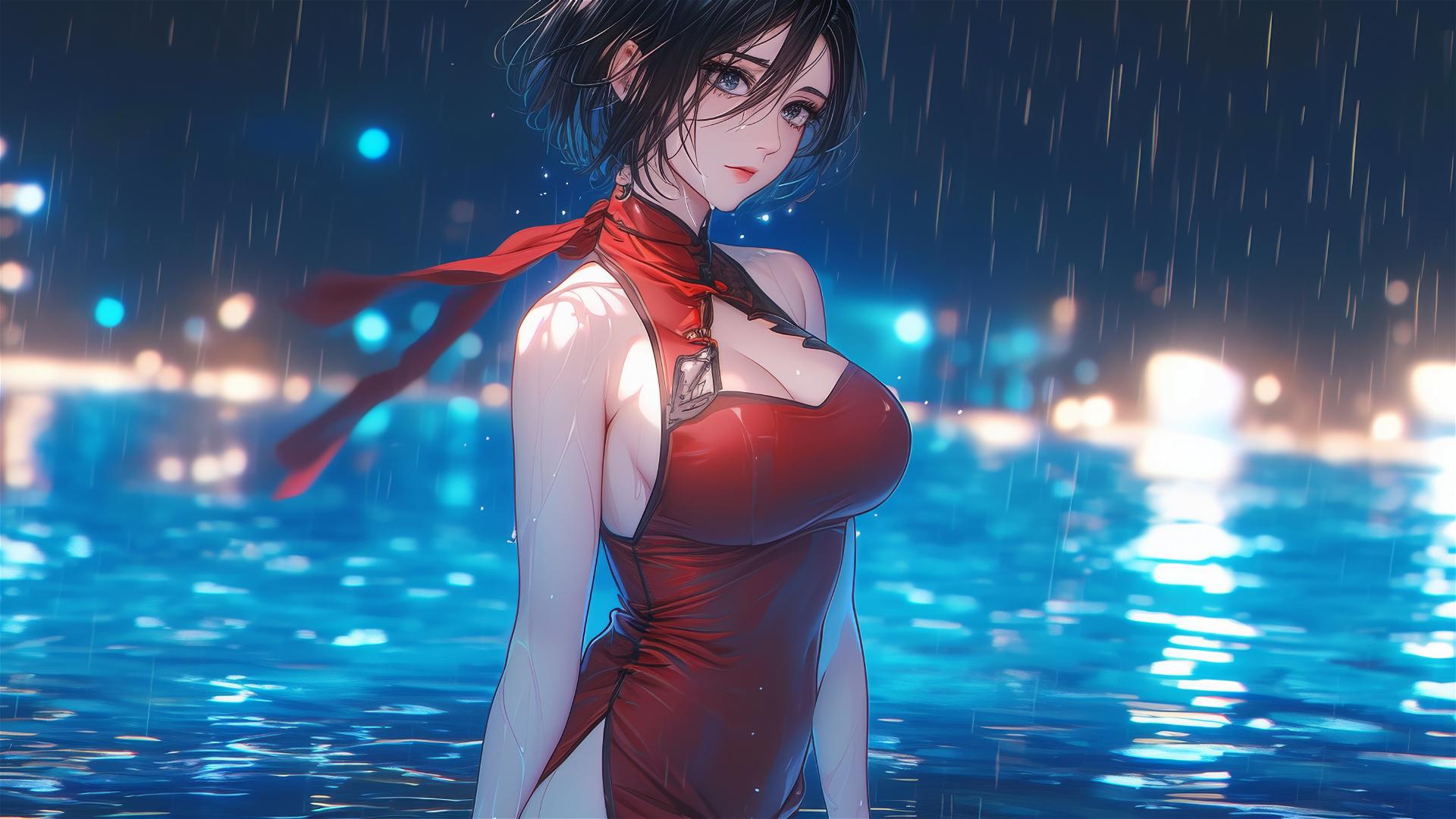 Mikasa Ackerman in a red dress, standing in a pool under the moonlight and rain