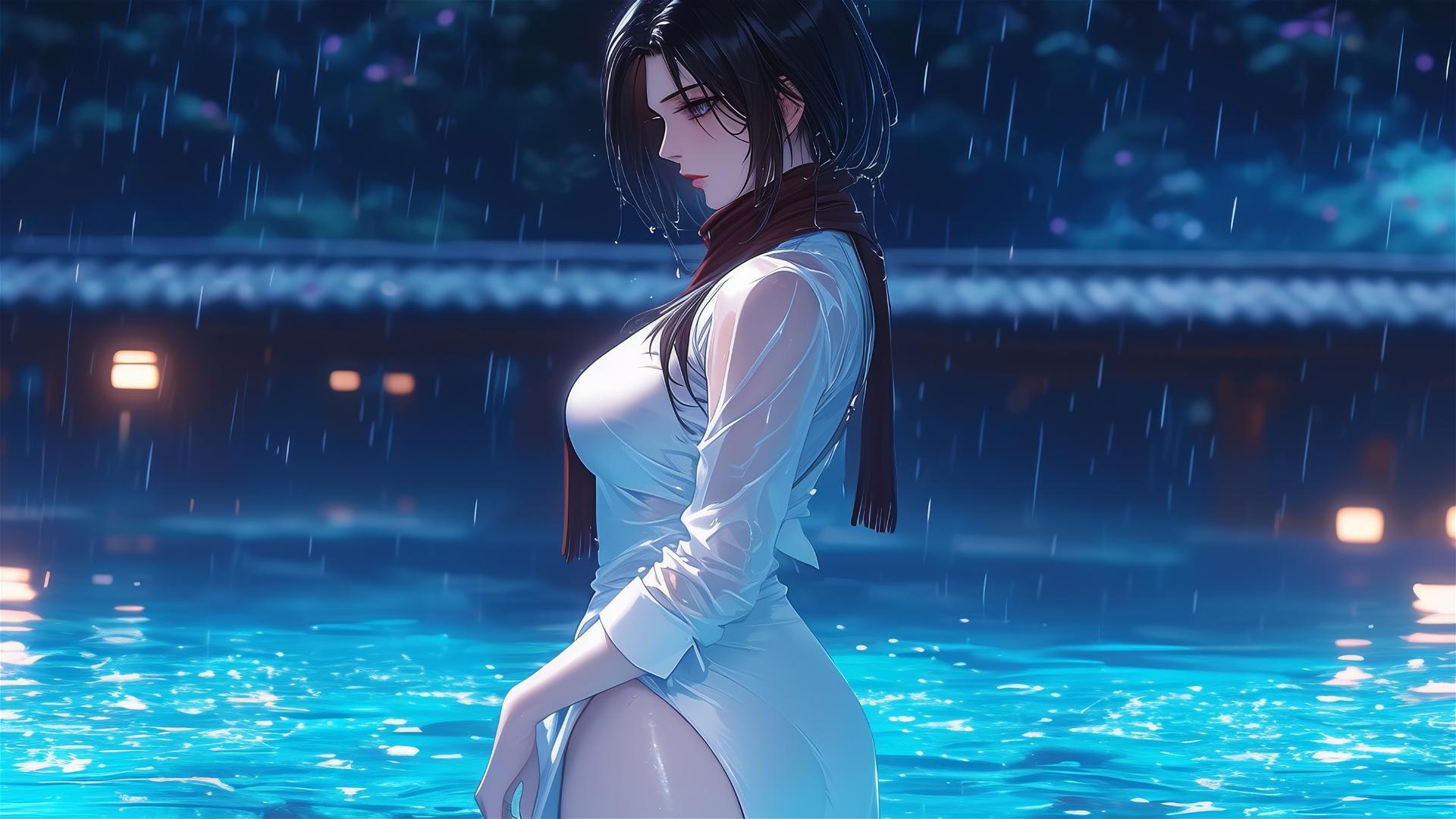 Mikasa Ackerman in a white dress, standing in a rainy pool under moonlight