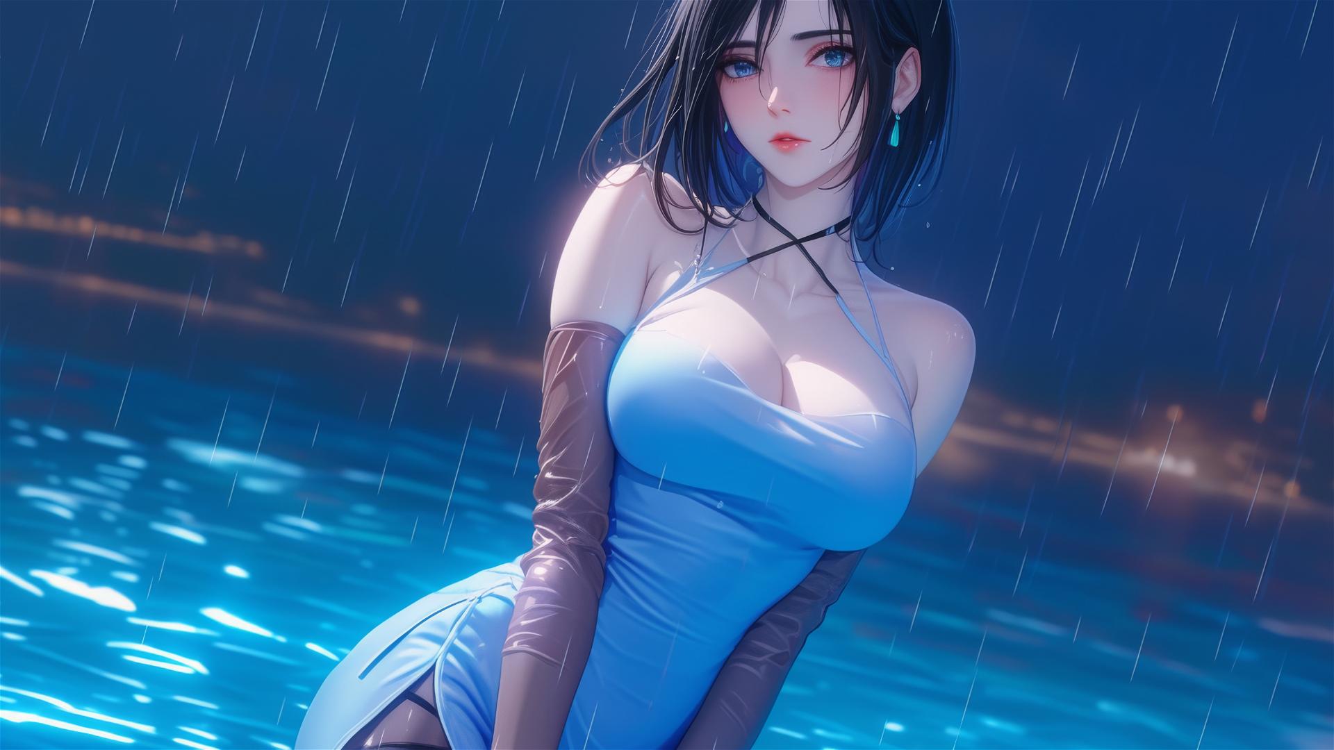 Mikasa Ackerman in a pink dress standing in a rainy pool under moonlight